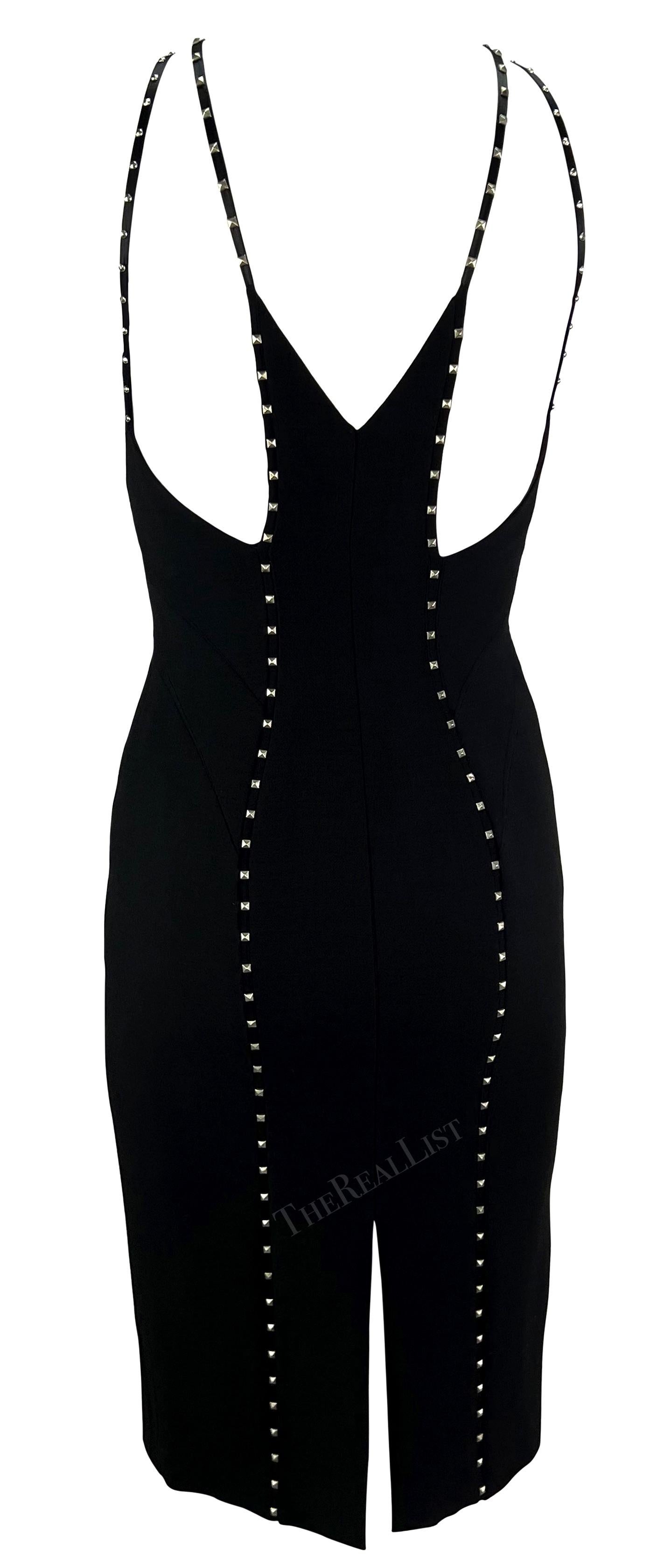 F/W 2004 Versace by Donatella Black Studded Plunging Runway Mini Dress For Sale 4