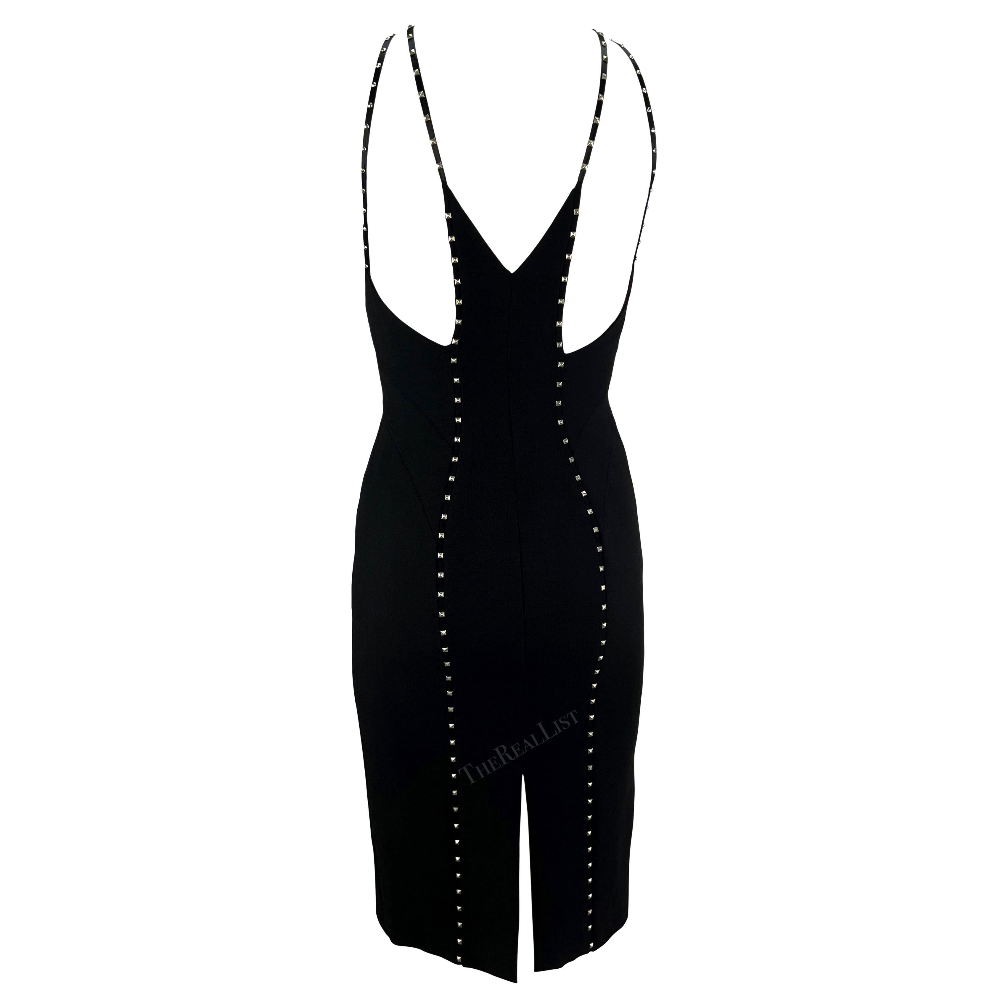 F/W 2004 Versace by Donatella Black Studded Plunging Runway Mini Dress For Sale