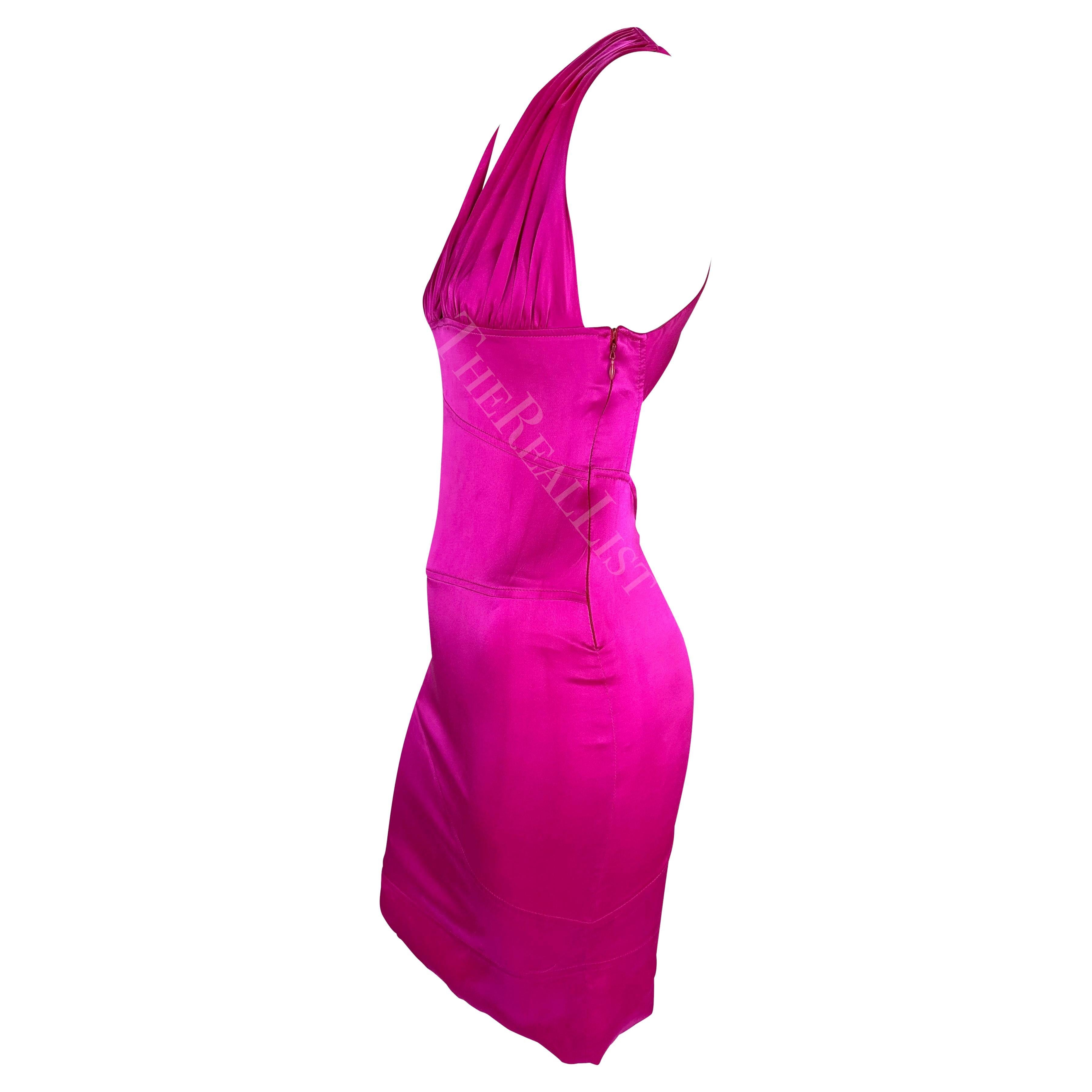F/W 2004 Versace by Donatella Hot Pink Satin Mini Strap Backless Bodycon Dress In Good Condition For Sale In West Hollywood, CA
