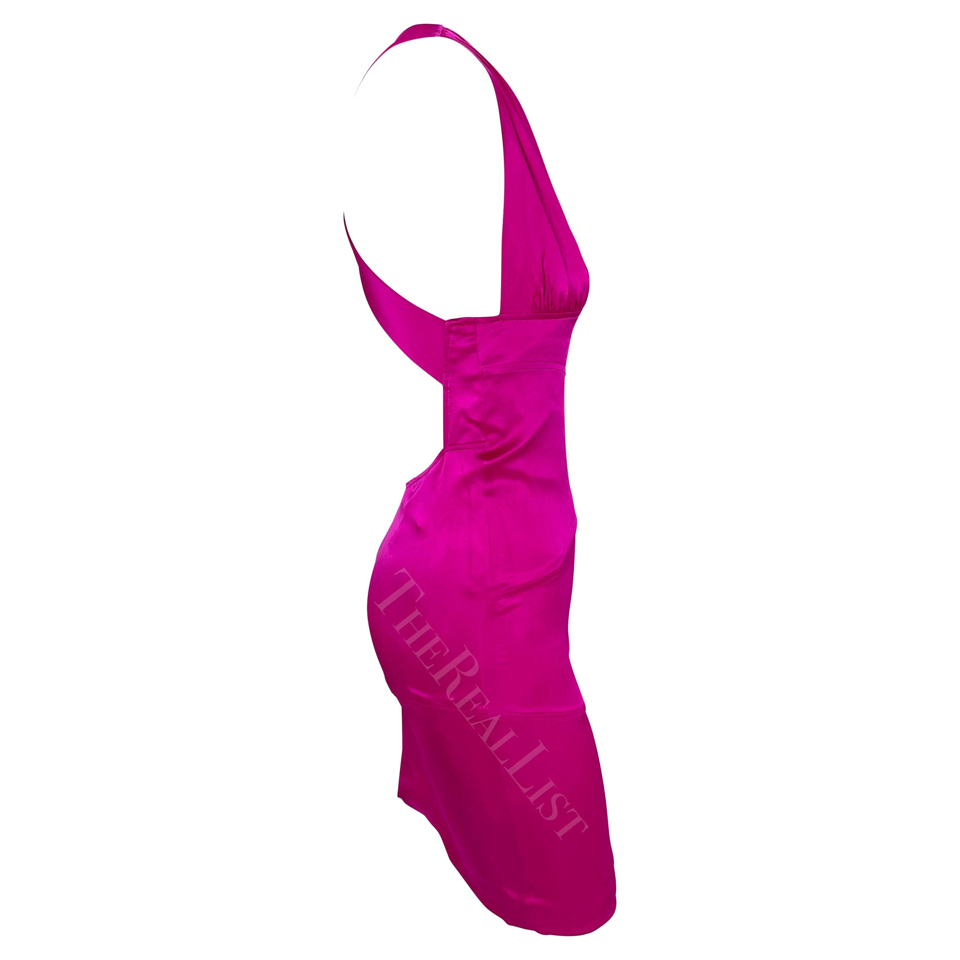 F/W 2004 Versace by Donatella Hot Pink Satin Mini Strap Backless Bodycon Dress For Sale 1