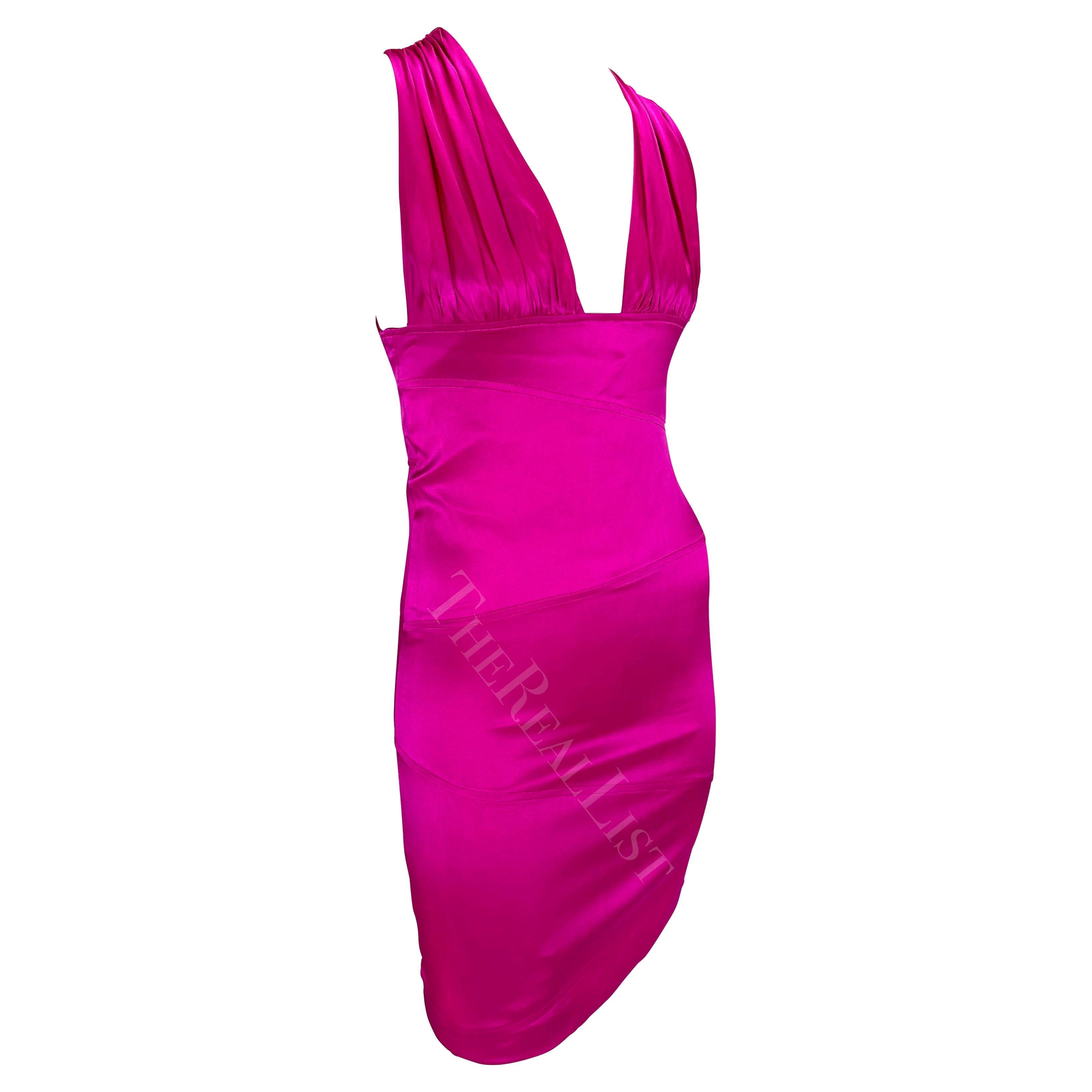 F/W 2004 Versace by Donatella Hot Pink Satin Mini Strap Backless Bodycon Dress For Sale 2