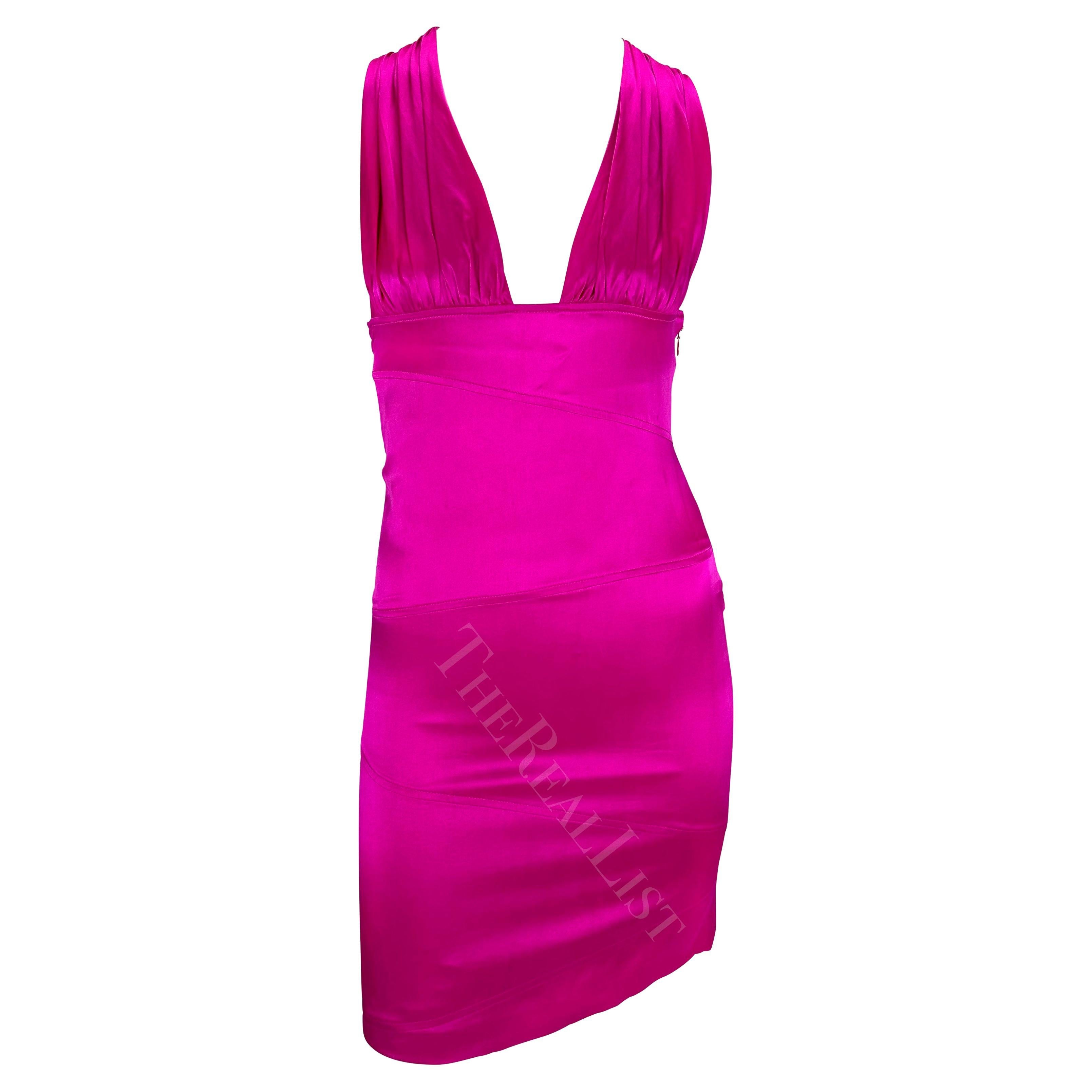F/W 2004 Versace by Donatella Hot Pink Satin Mini Strap Backless Bodycon Dress For Sale