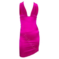 F/W 2004 Versace by Donatella Hot Pink Satin Mini Strap Backless Bodycon Dress