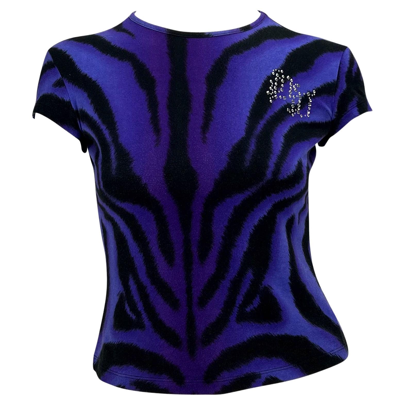 F/W 2004 Versace by Donatella Purple Tiger DV Logo Stud T-Shirt Y2K
