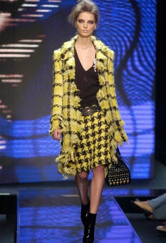 F/W 2004 Versace by Donatella Runway Ad Yellow Black Check Distressed Tweed Coat