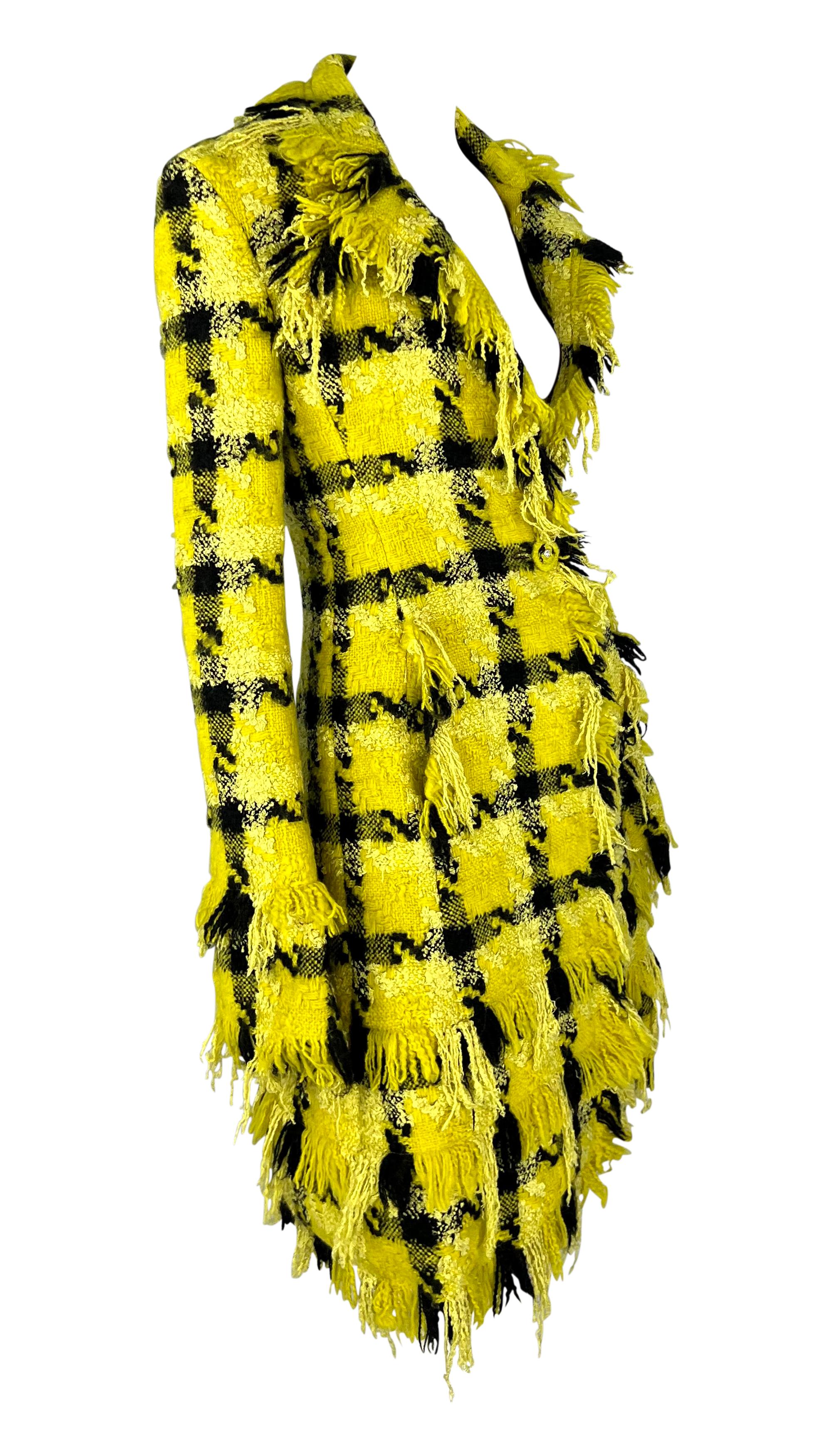 F/W 2004 Versace by Donatella Runway Ad Yellow Black Check Distressed Tweed Coat For Sale 5