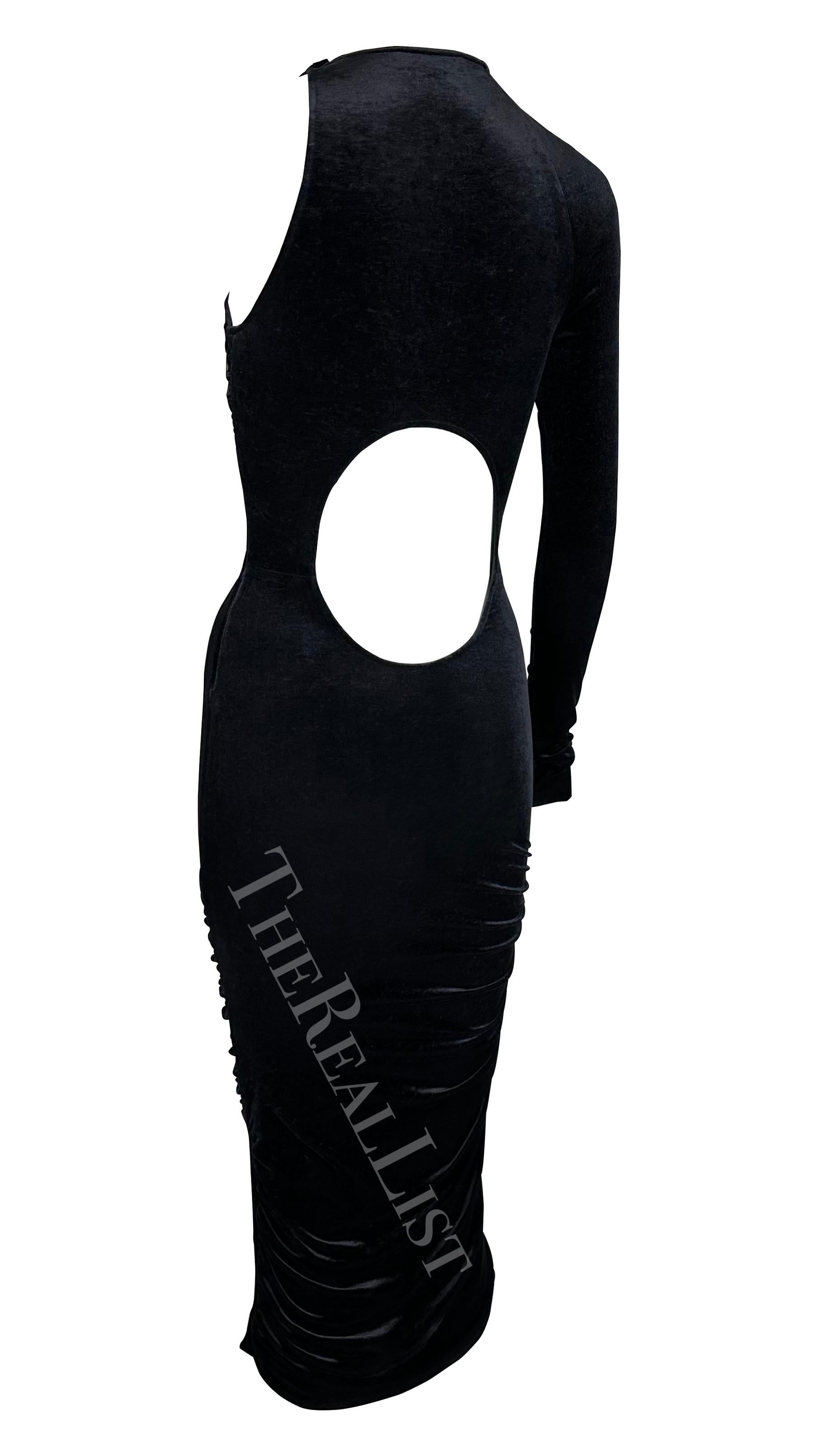 Women's F/W 2004 Versace by Donatella Runway Black Velvet Single Shoulder Cut Out Dress For Sale
