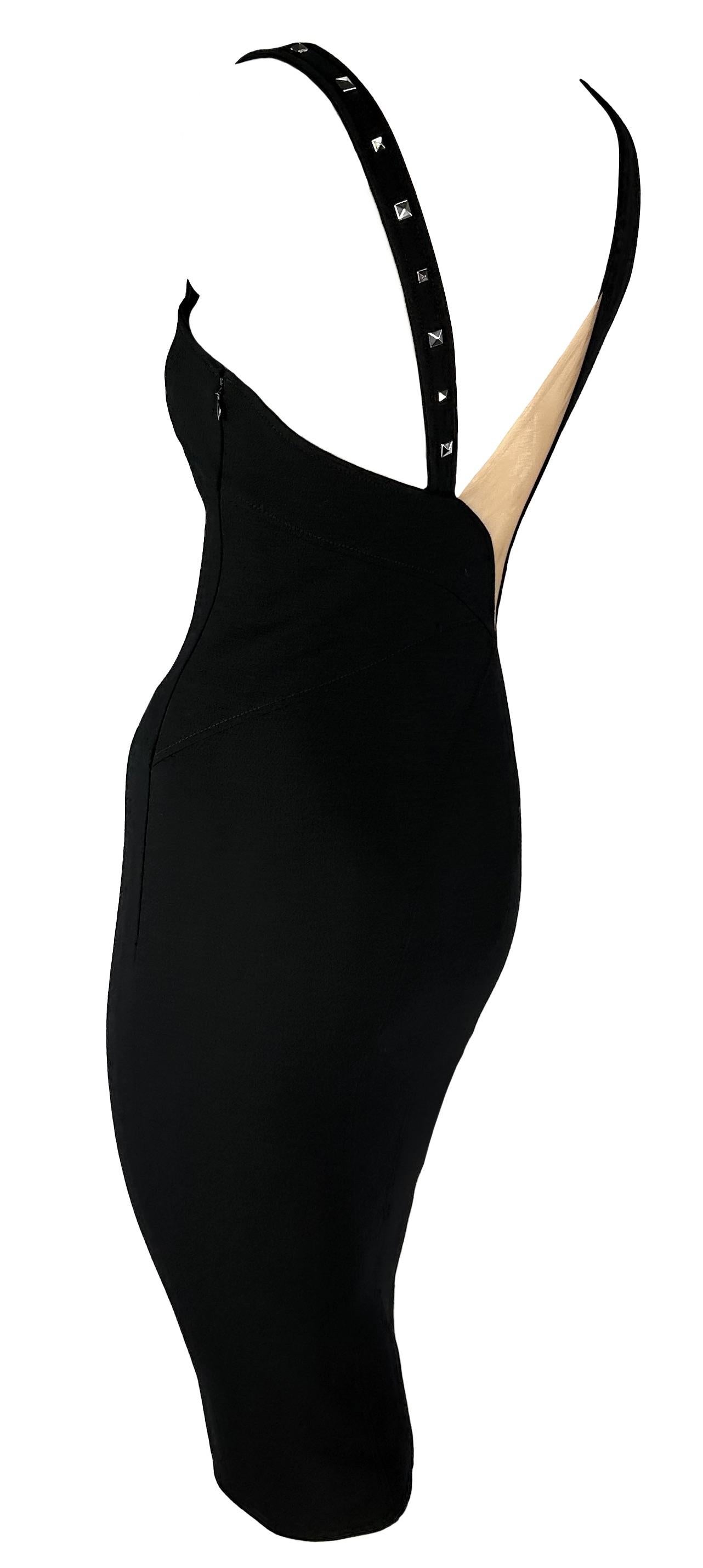 Women's F/W 2004 Versace by Donatella Runway Studded Black Cutout Bodycon Buckle Dress For Sale
