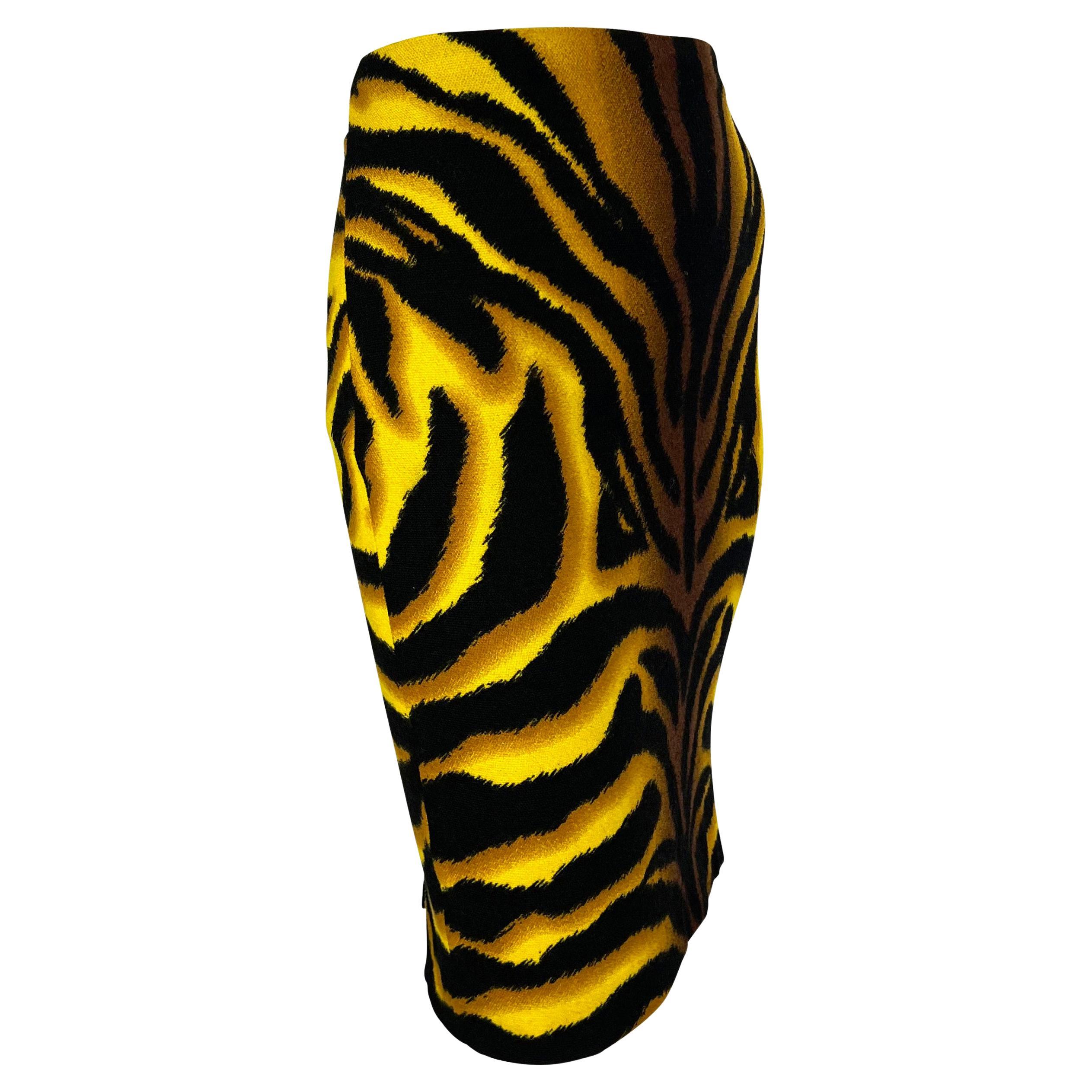 F/W 2004 Versace by Donatella Runway Yellow Black Tiger Print Wool Skirt In Excellent Condition For Sale In West Hollywood, CA