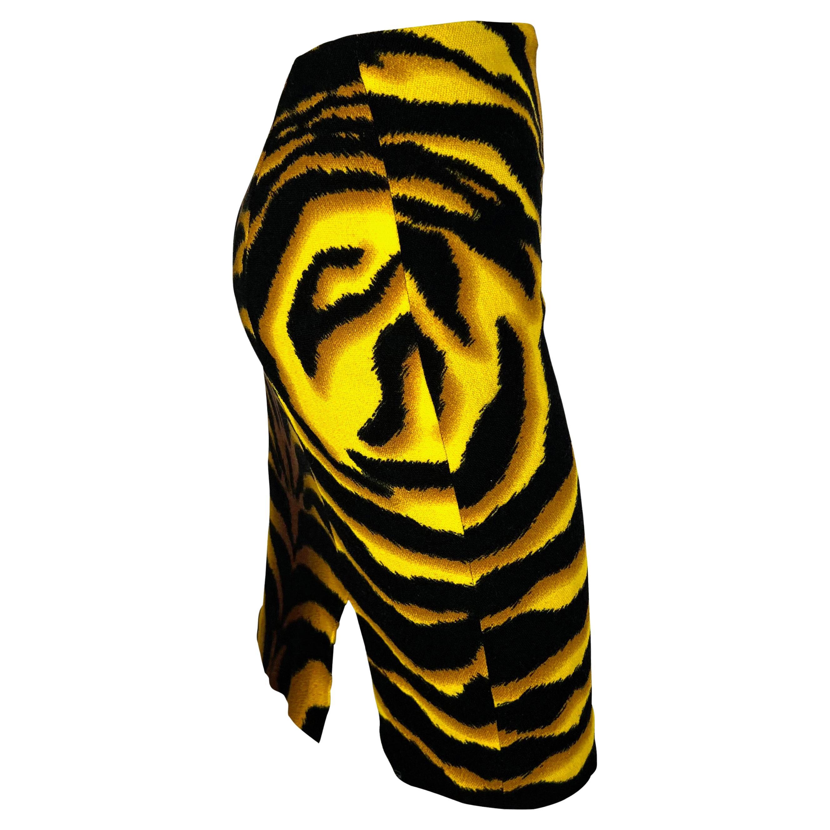 F/W 2004 Versace by Donatella Runway Yellow Black Tiger Print Wool Skirt For Sale 1