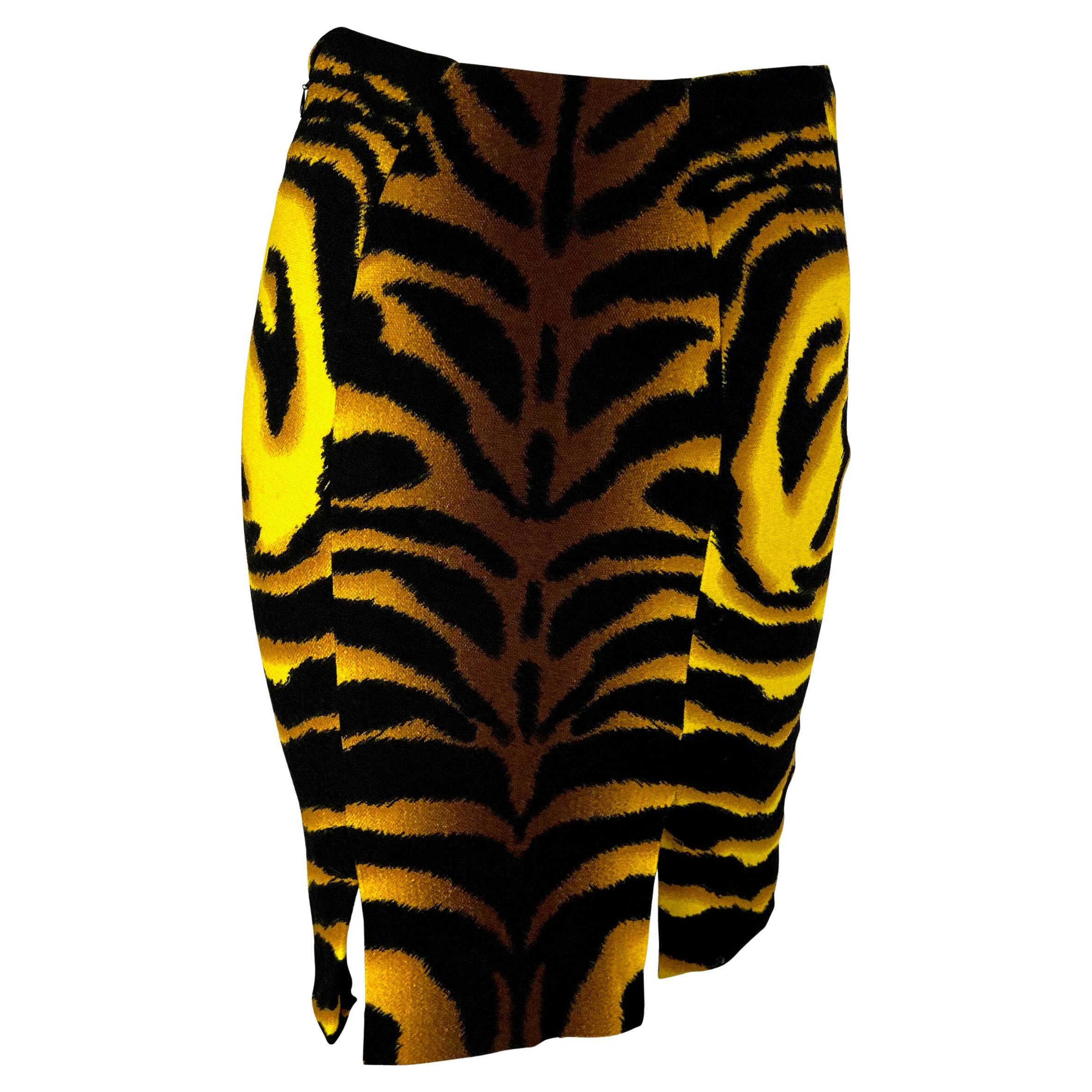 F/W 2004 Versace by Donatella Runway Yellow Black Tiger Print Wool Skirt For Sale 2