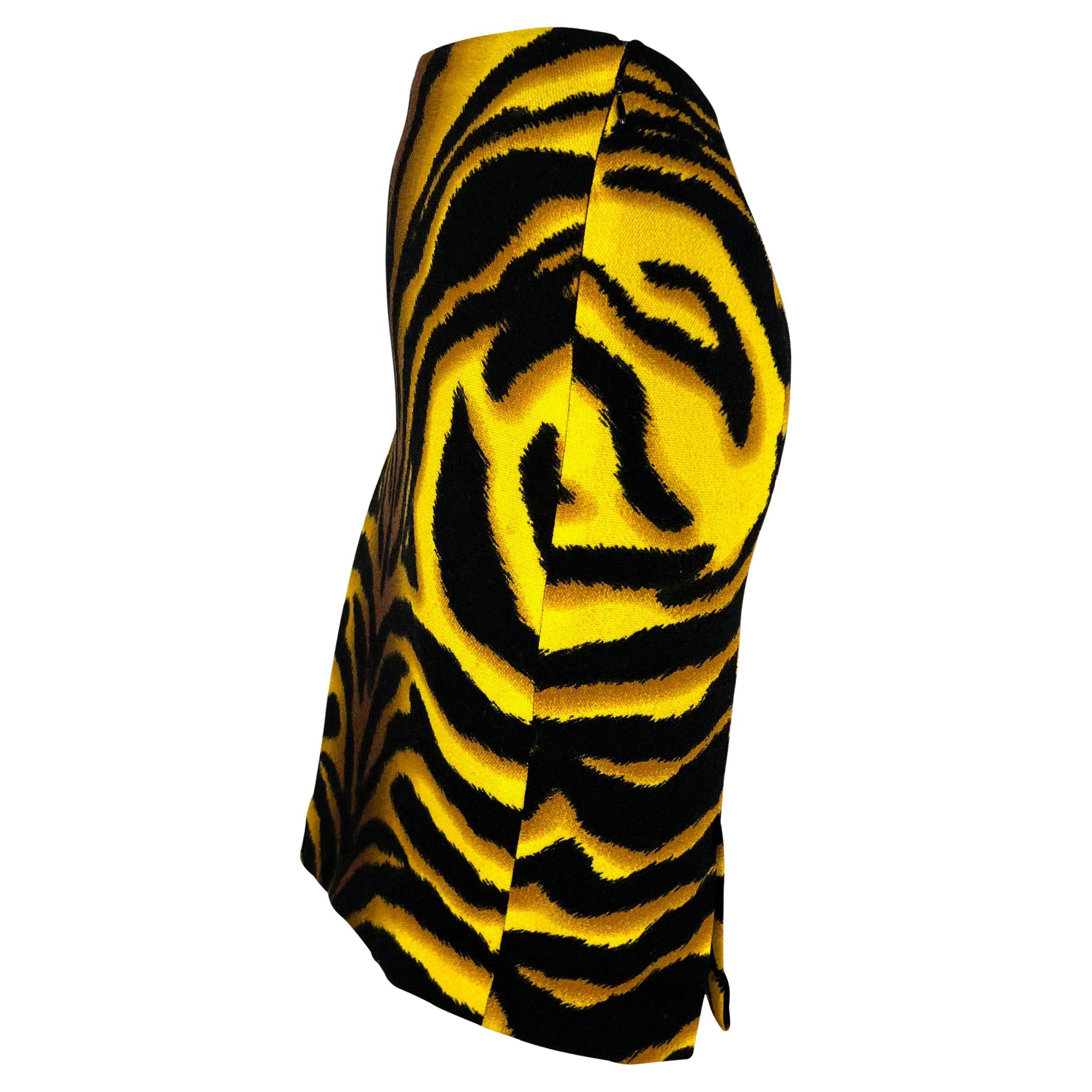 F/W 2004 Versace by Donatella Runway Yellow Black Tiger Print Wool Skirt For Sale 3