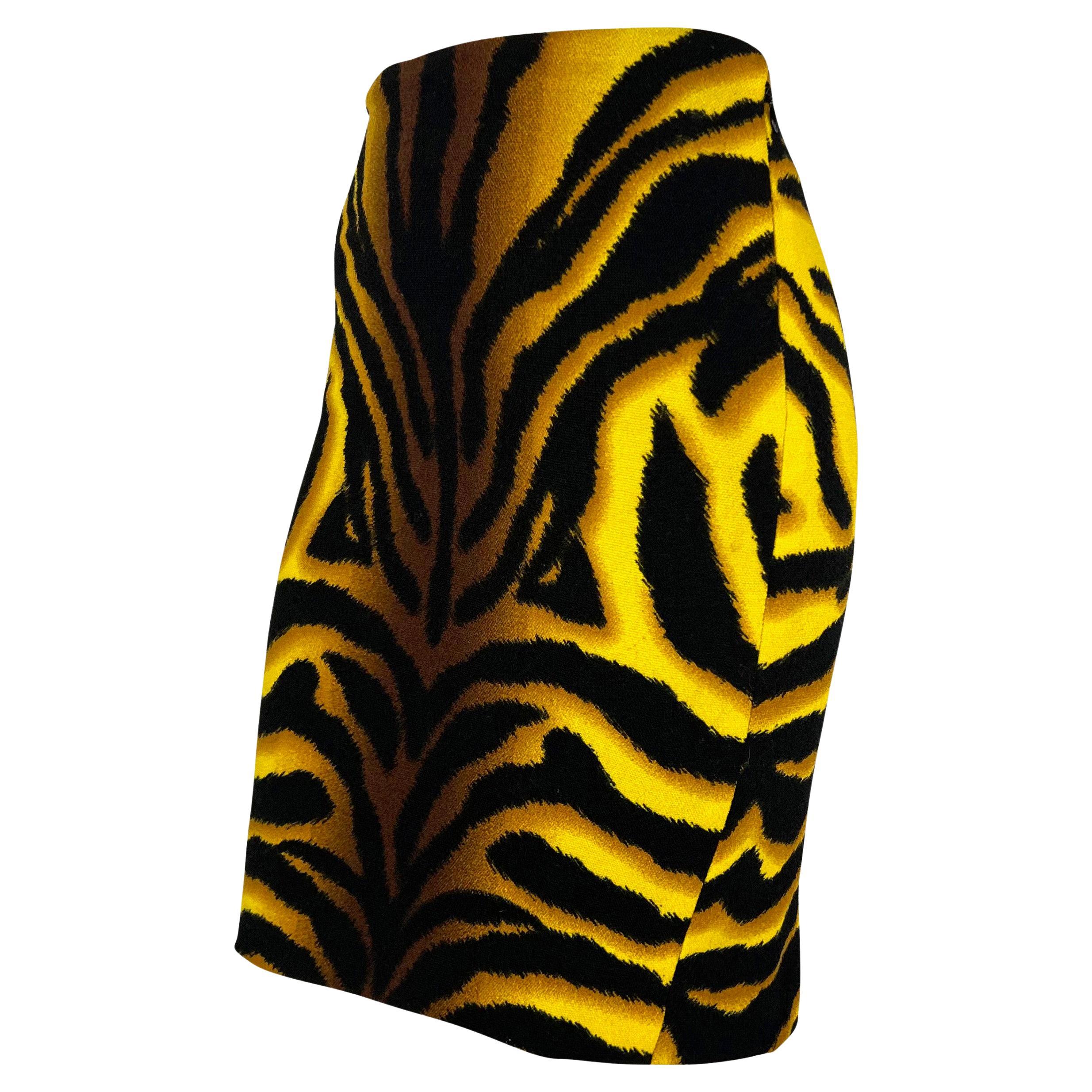 F/W 2004 Versace by Donatella Runway Yellow Black Tiger Print Wool Skirt For Sale 4