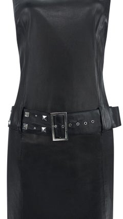 F/W 2004 Versace by Donatella Studded Black Leather Belted Sleeveless Dress