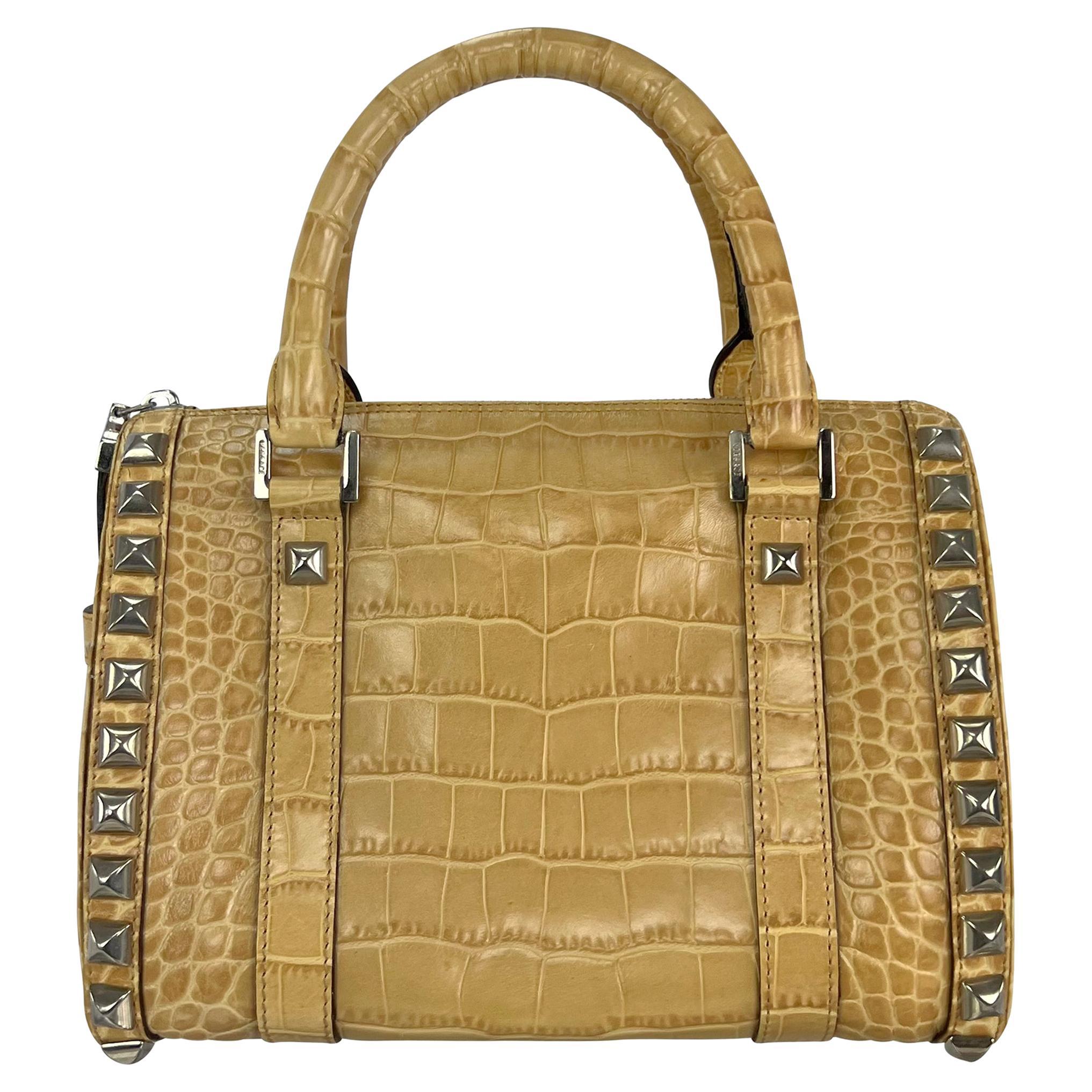 F/W 2004 Versace by Donatella Studded Light Tan Embossed Leather Small Tote Bag