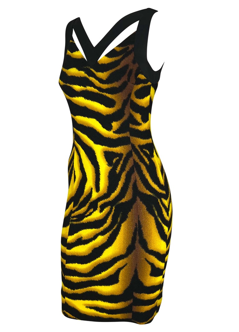 F/W 2004 Versace by Donatella Yellow Black Tiger Print Wool Stretch Dress In Good Condition For Sale In Philadelphia, PA