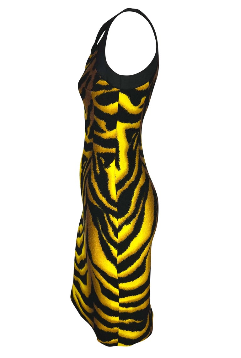 F/W 2004 Versace by Donatella Yellow Black Tiger Print Wool Stretch Dress For Sale 1