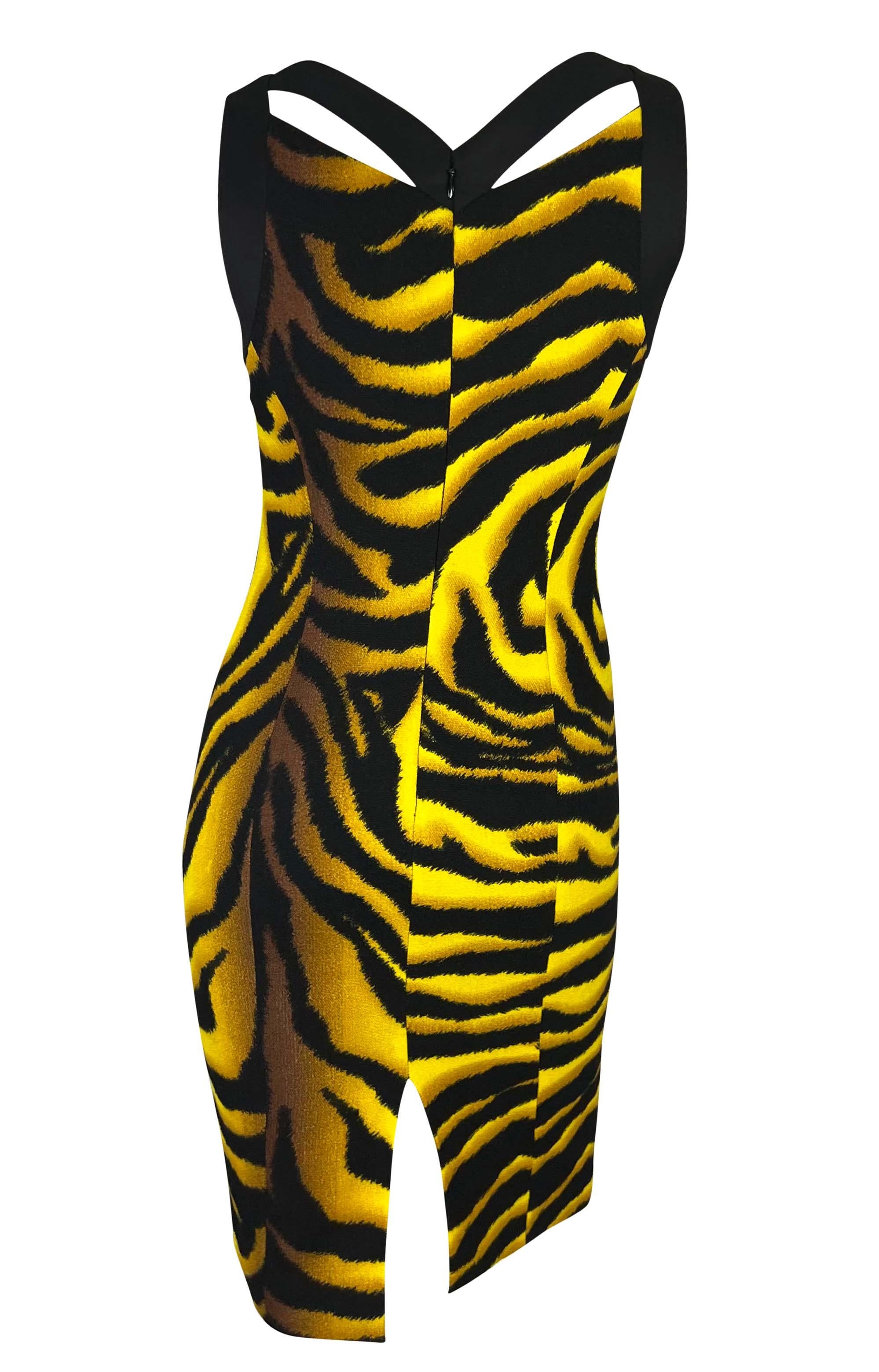 Women's F/W 2004 Versace by Donatella Yellow Black Tiger Print Wool Stretch Dress For Sale