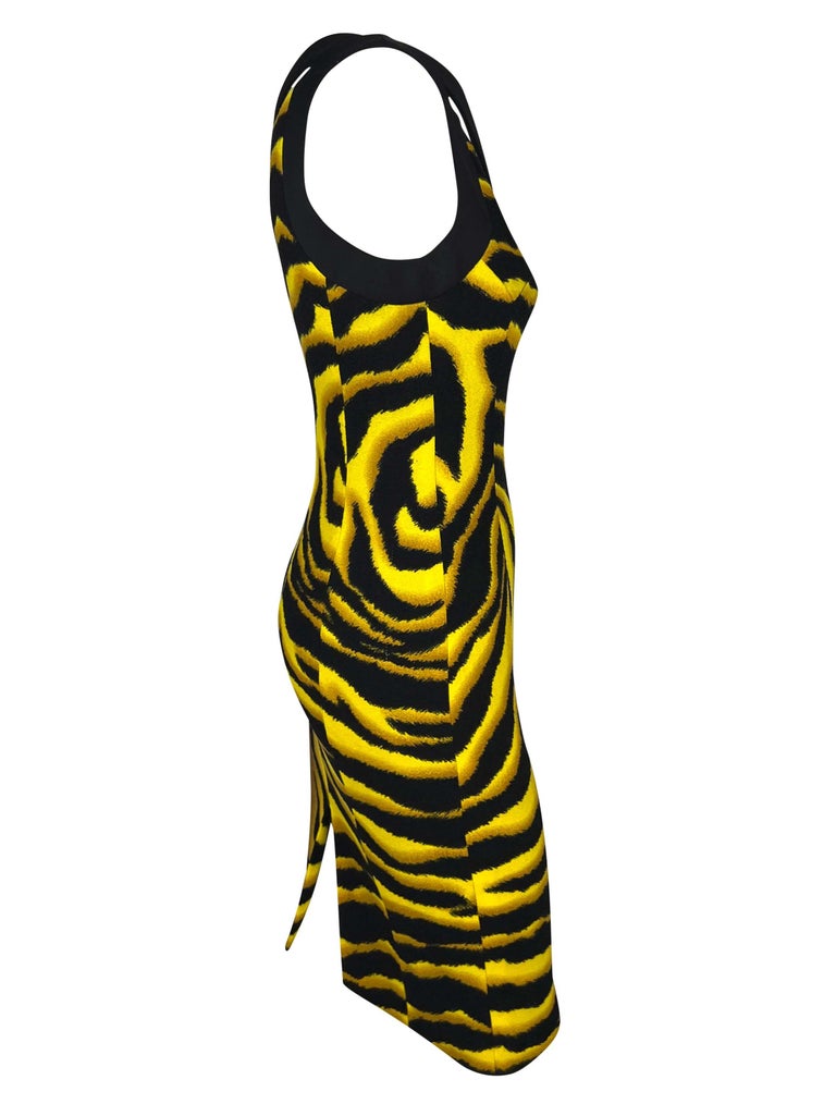 F/W 2004 Versace by Donatella Yellow Black Tiger Print Wool Stretch Dress For Sale 4