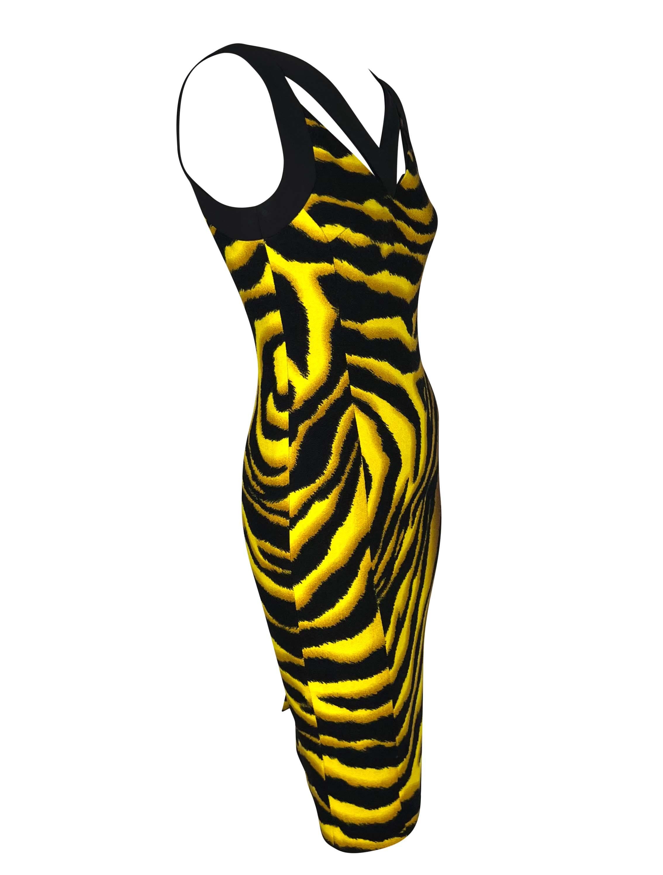 F/W 2004 Versace by Donatella Yellow Black Tiger Print Wool Stretch Dress For Sale 2
