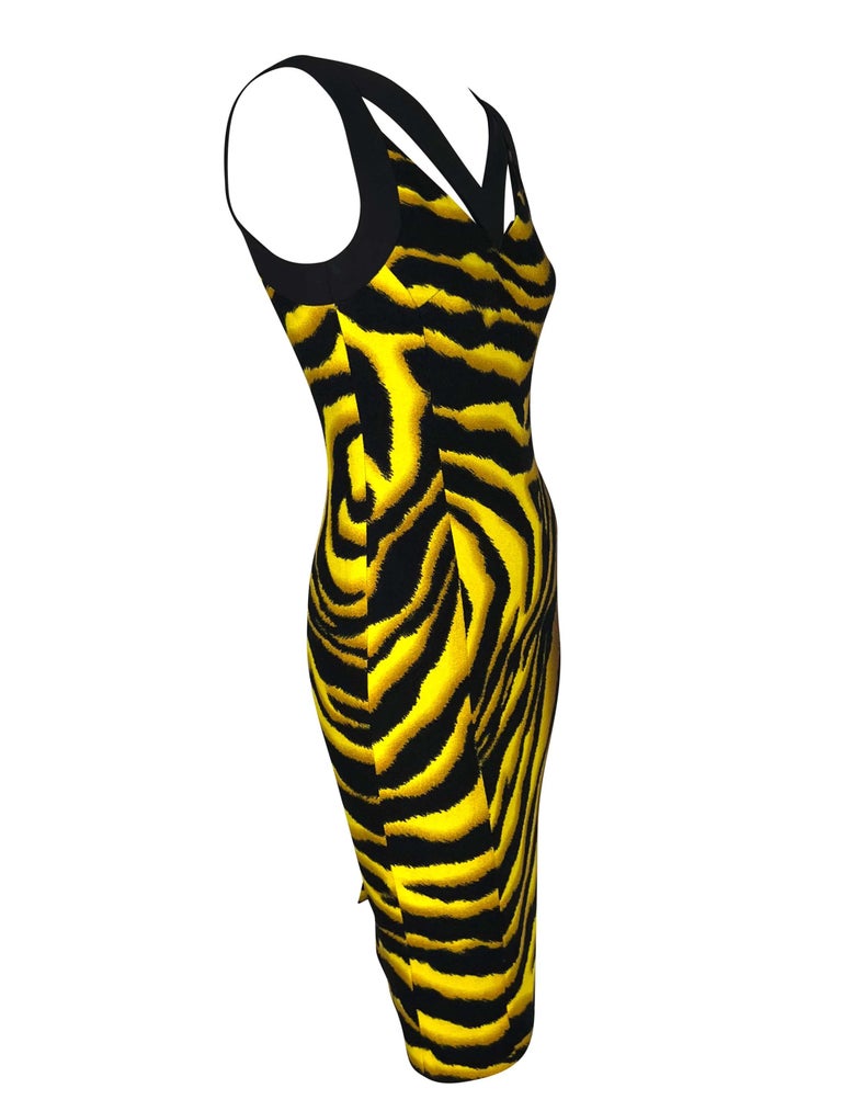 F/W 2004 Versace by Donatella Yellow Black Tiger Print Wool Stretch Dress For Sale 5