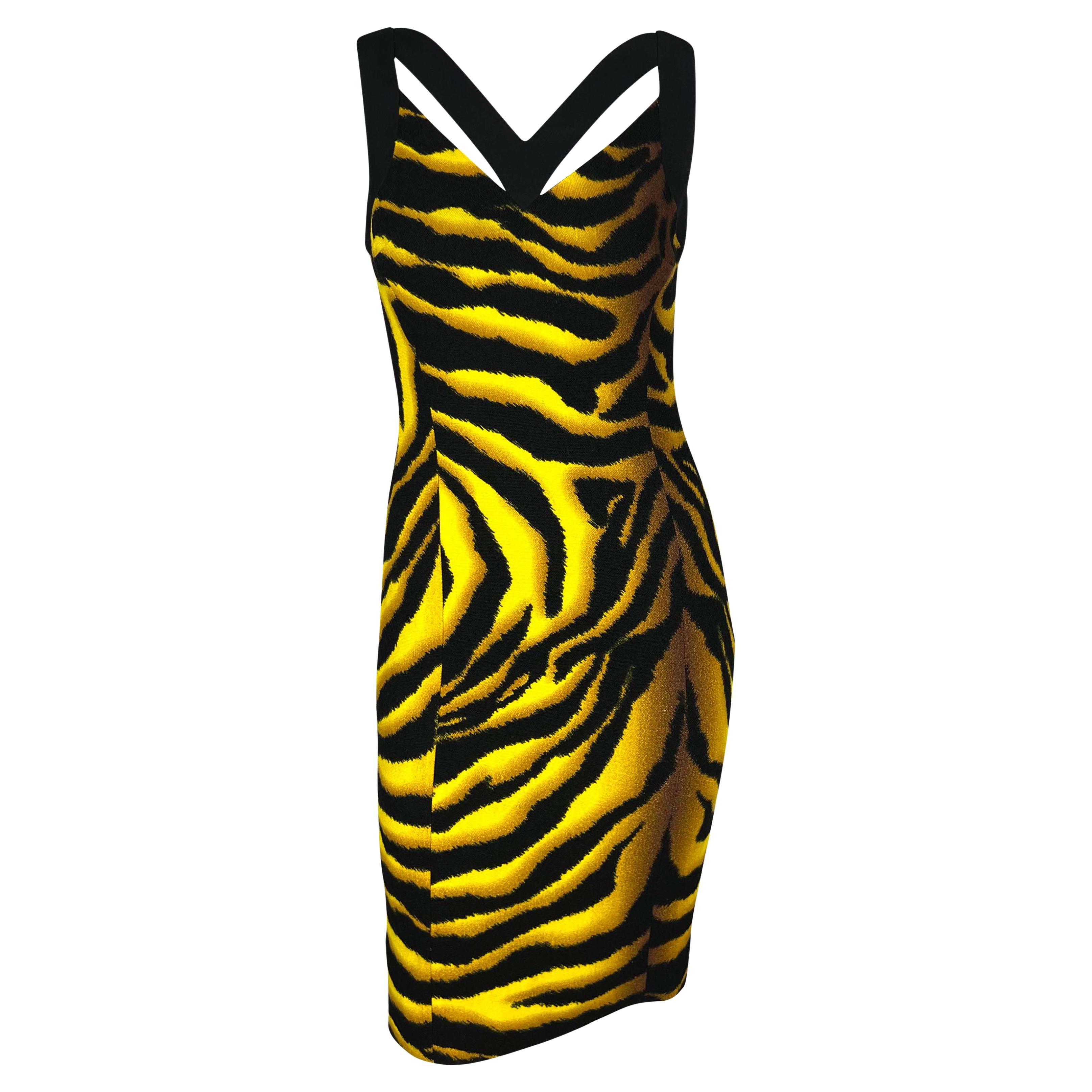 F/W 2004 Versace by Donatella Yellow Black Tiger Print Wool Stretch Dress