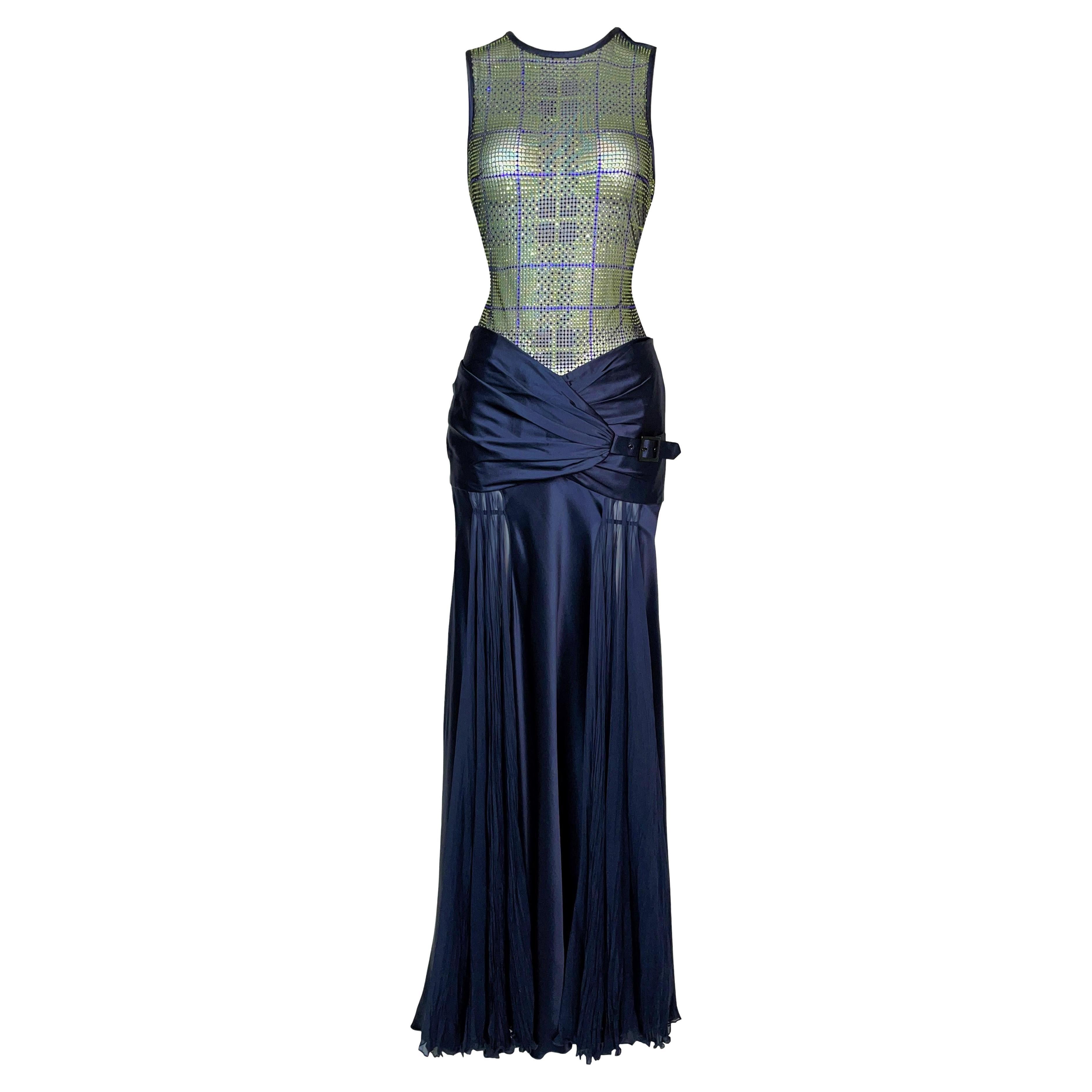 F/W 2004 Versace Runway Sheer Crystal Bodysuit & Navy Blue Long Skirt Ensemble