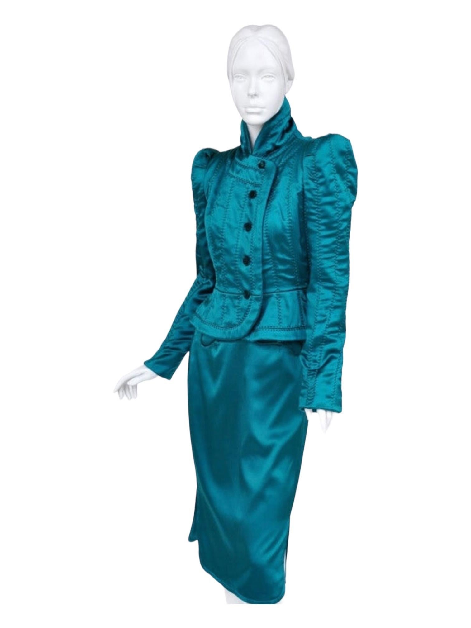 F/W 2004 Vintage Tom Ford for Yves Saint Laurent Emerald Green Silk Pagoda Suit  In Excellent Condition In Montgomery, TX