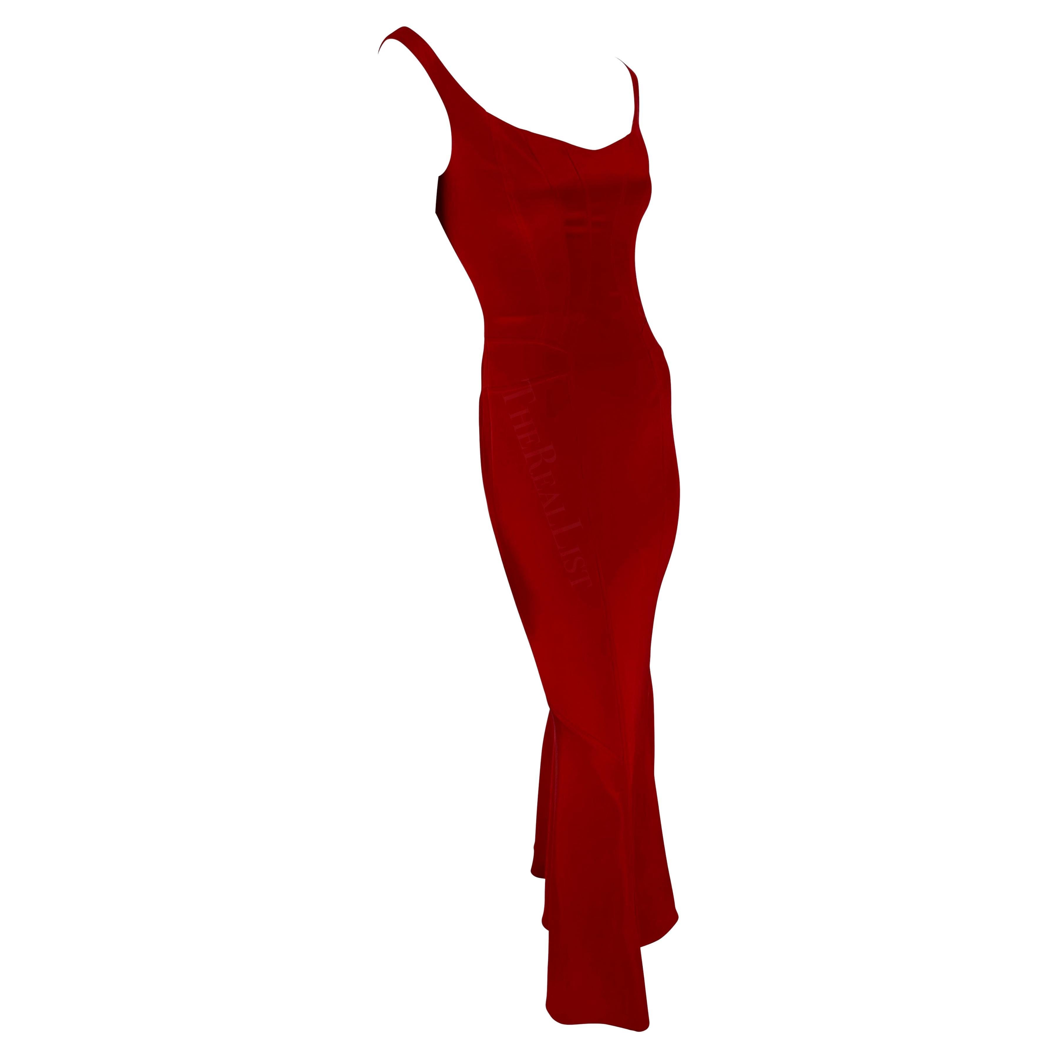 F/W 2004 Yigal Azrouël Runway Silk Satin Red Stretch Bodycon Panel Gown  For Sale 5