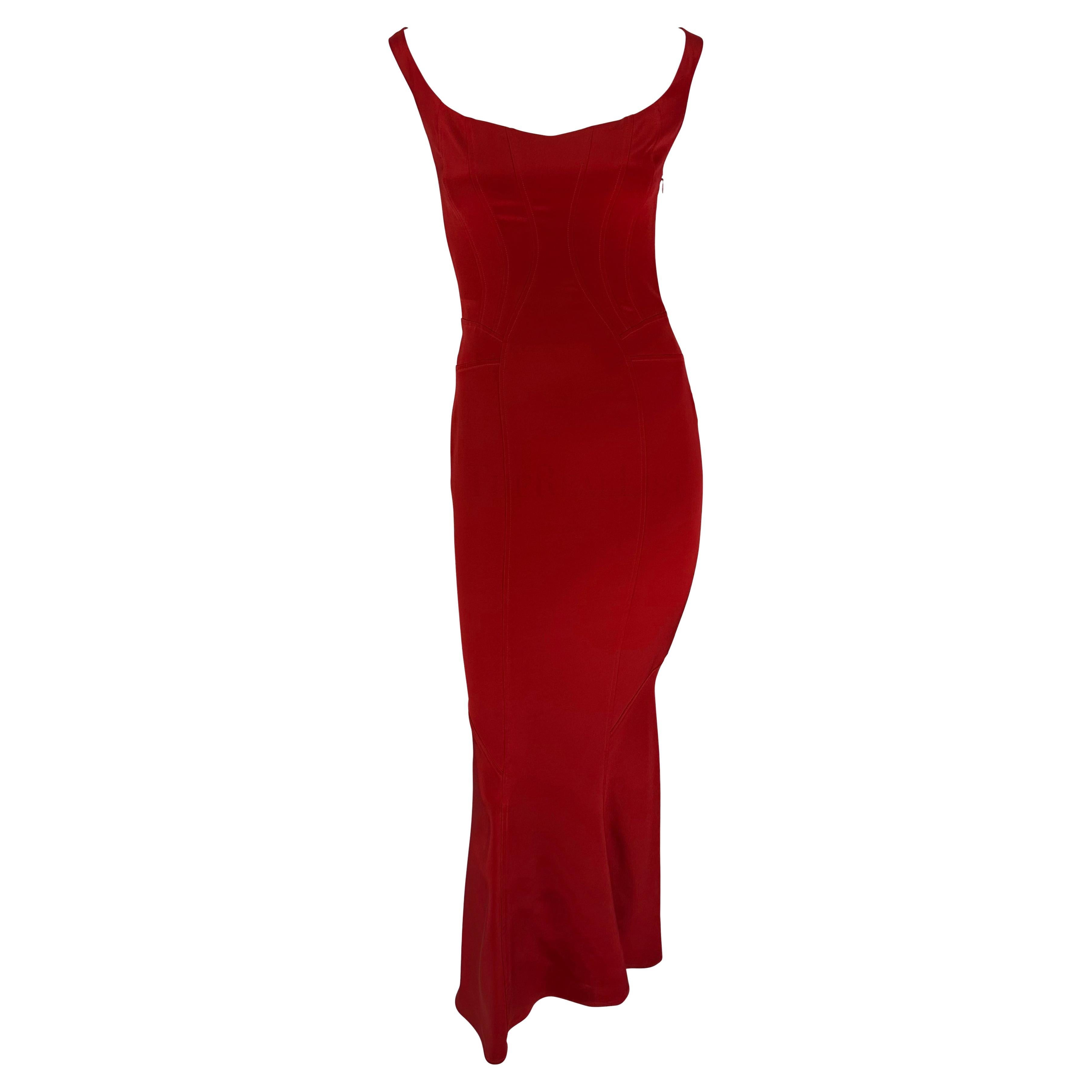 F/W 2004 Yigal Azrouël Runway Silk Satin Red Stretch Bodycon Panel Gown  For Sale