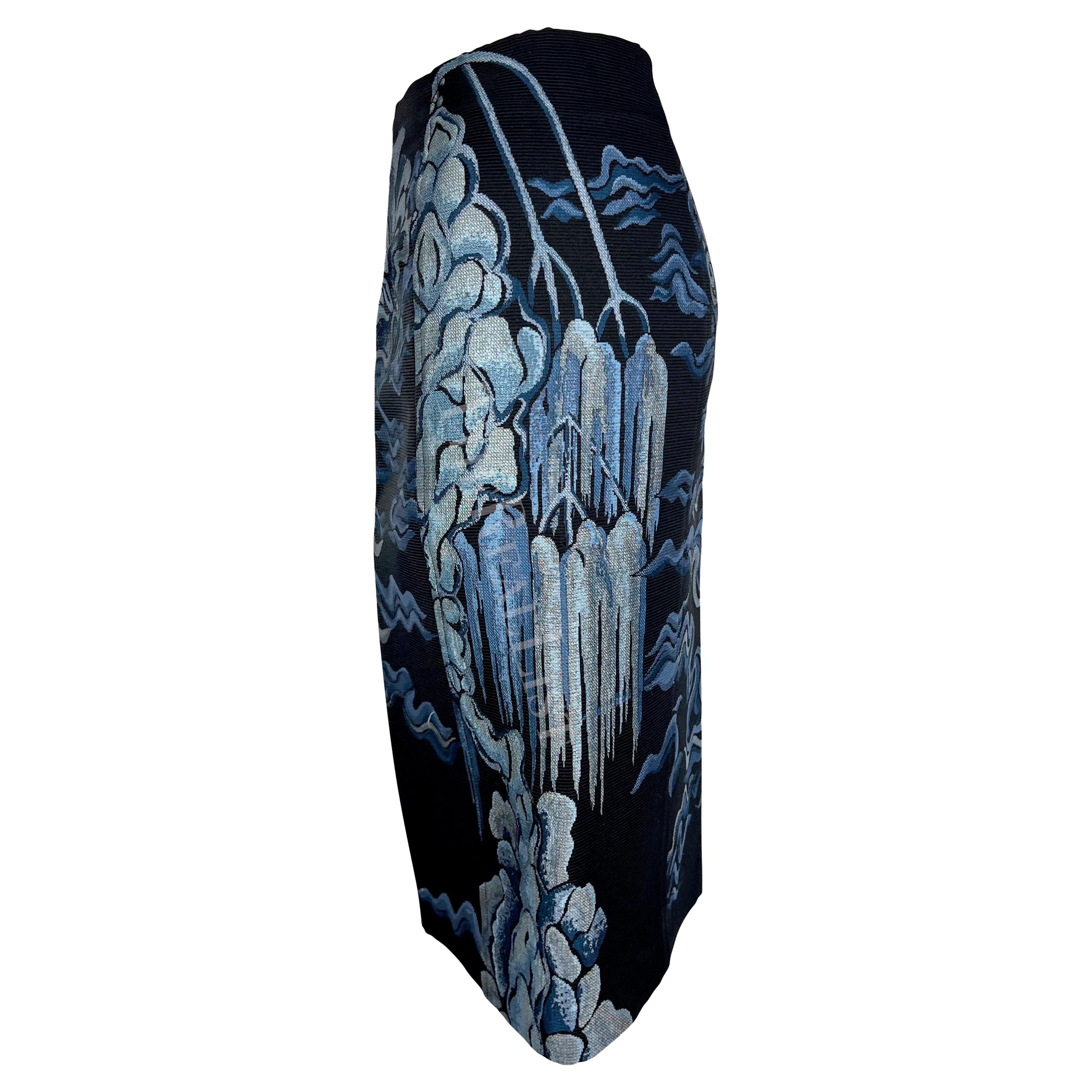 F/W 2004 Yves Saint Laurent by Tom Ford Blue Chinoiserie Skirt In Excellent Condition For Sale In West Hollywood, CA