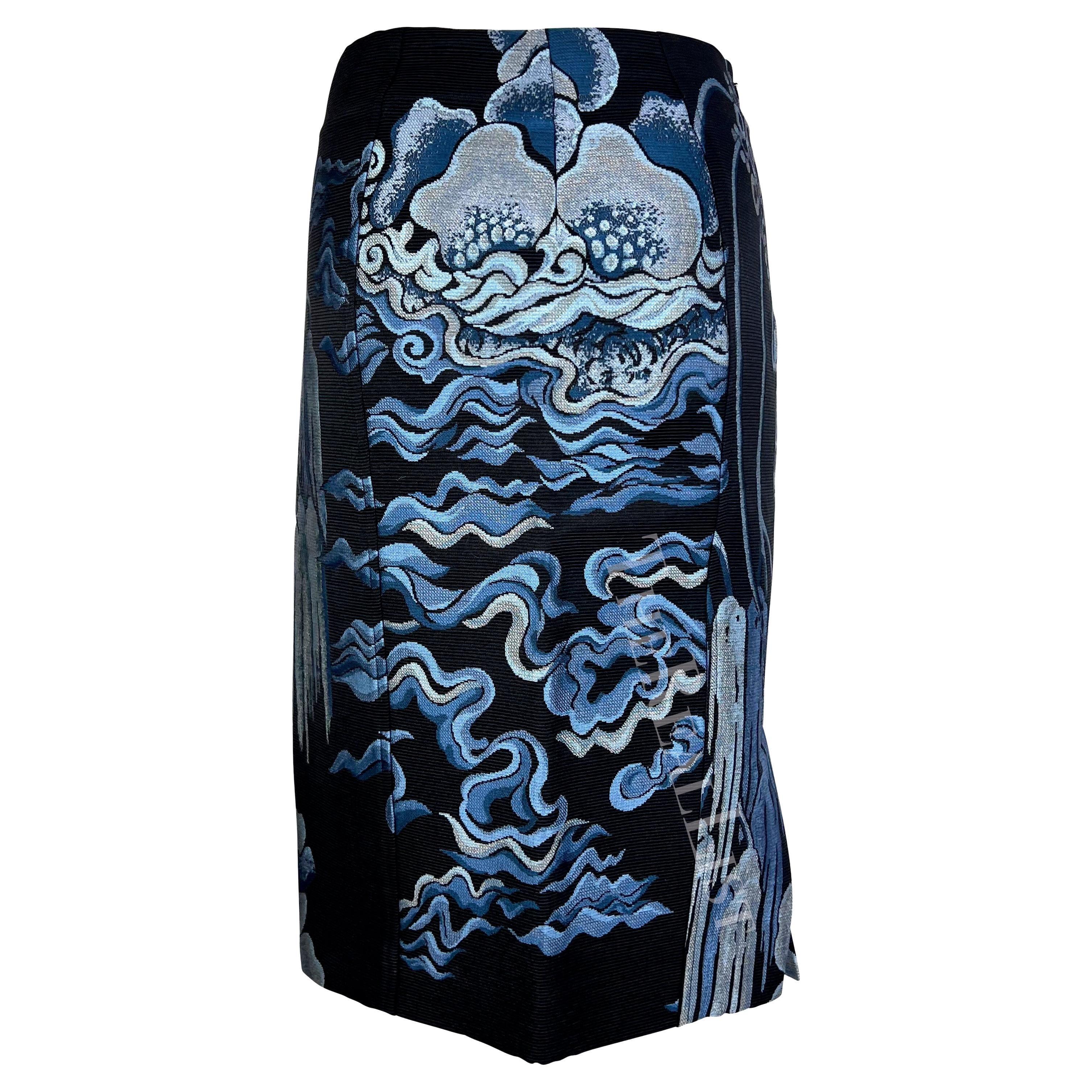De las mujeres F/W 2004 Yves Saint Laurent by Tom Ford Falda Chinoiserie Azul en venta