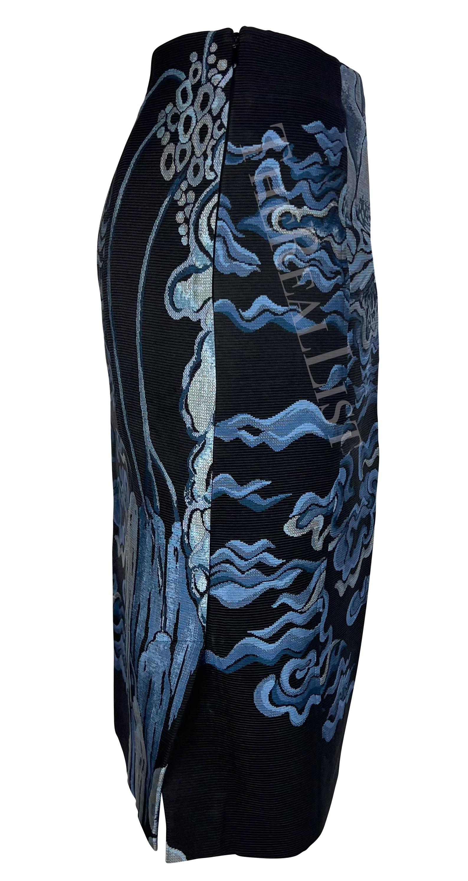 F/W 2004 Yves Saint Laurent by Tom Ford Blue Chinoiserie Skirt For Sale 1