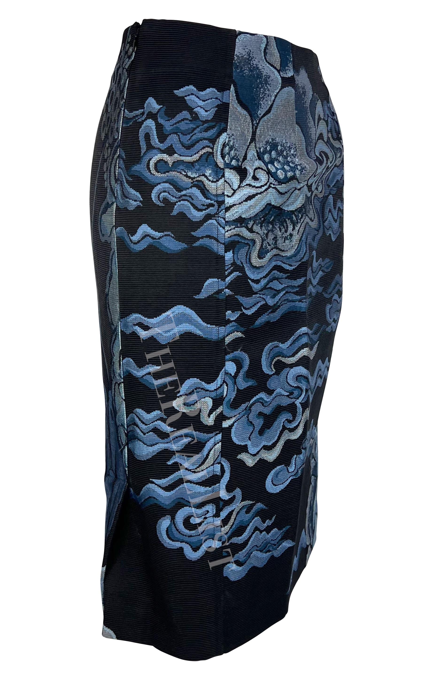 F/W 2004 Yves Saint Laurent by Tom Ford Blue Chinoiserie Skirt For Sale 2
