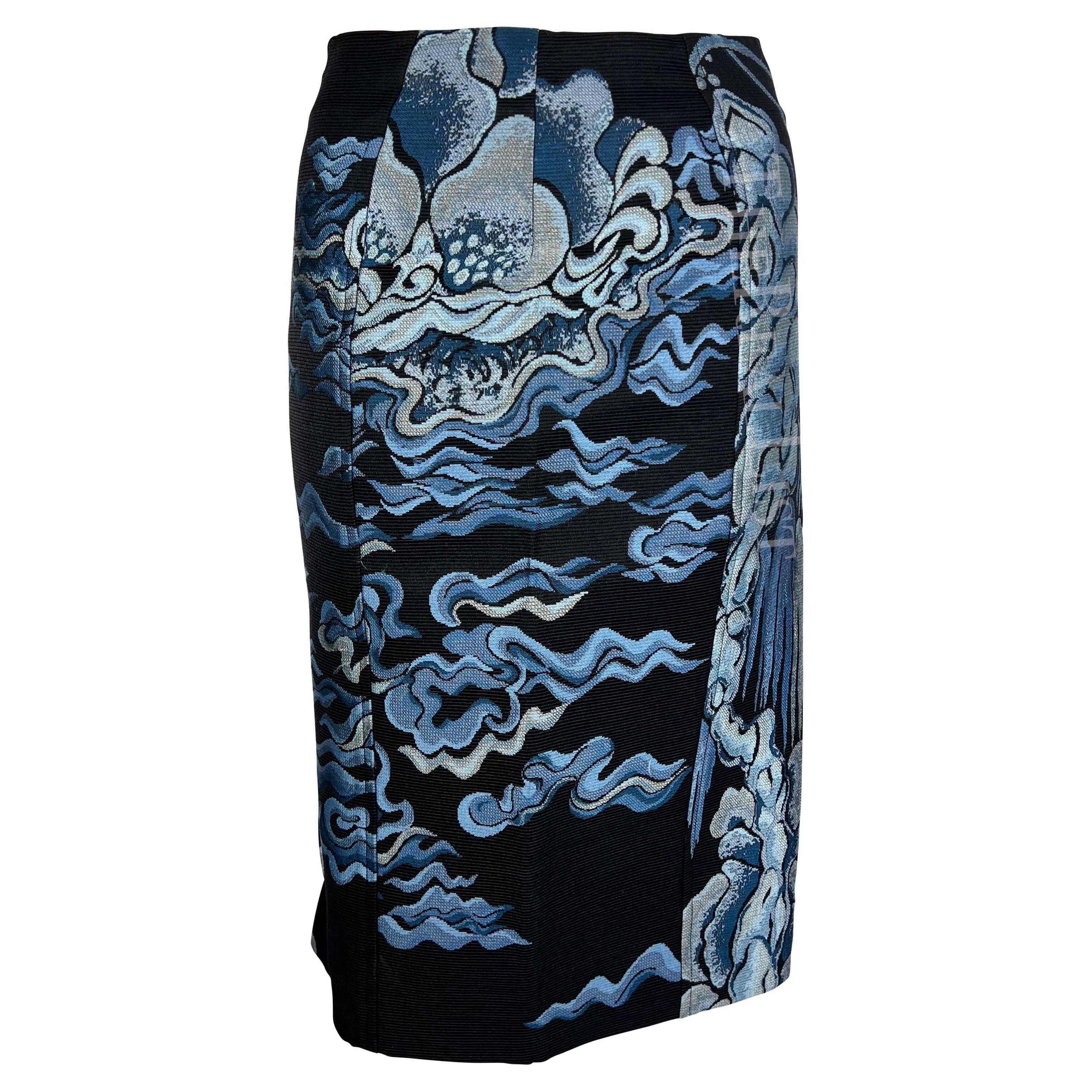 F/W 2004 Yves Saint Laurent by Tom Ford Blue Chinoiserie Skirt For Sale