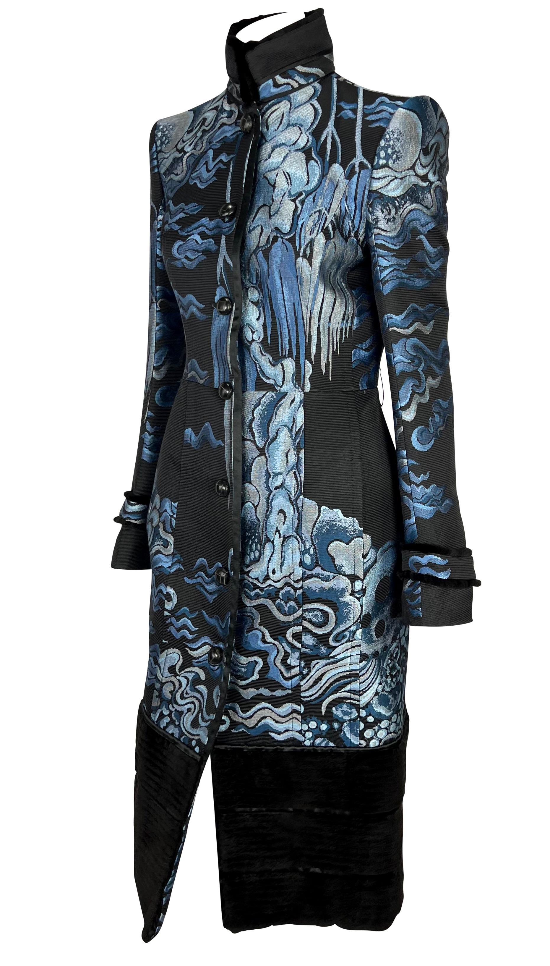 Black F/W 2004 Yves Saint Laurent by Tom Ford Blue Chinoiserie Weave Fur Trim Coat For Sale