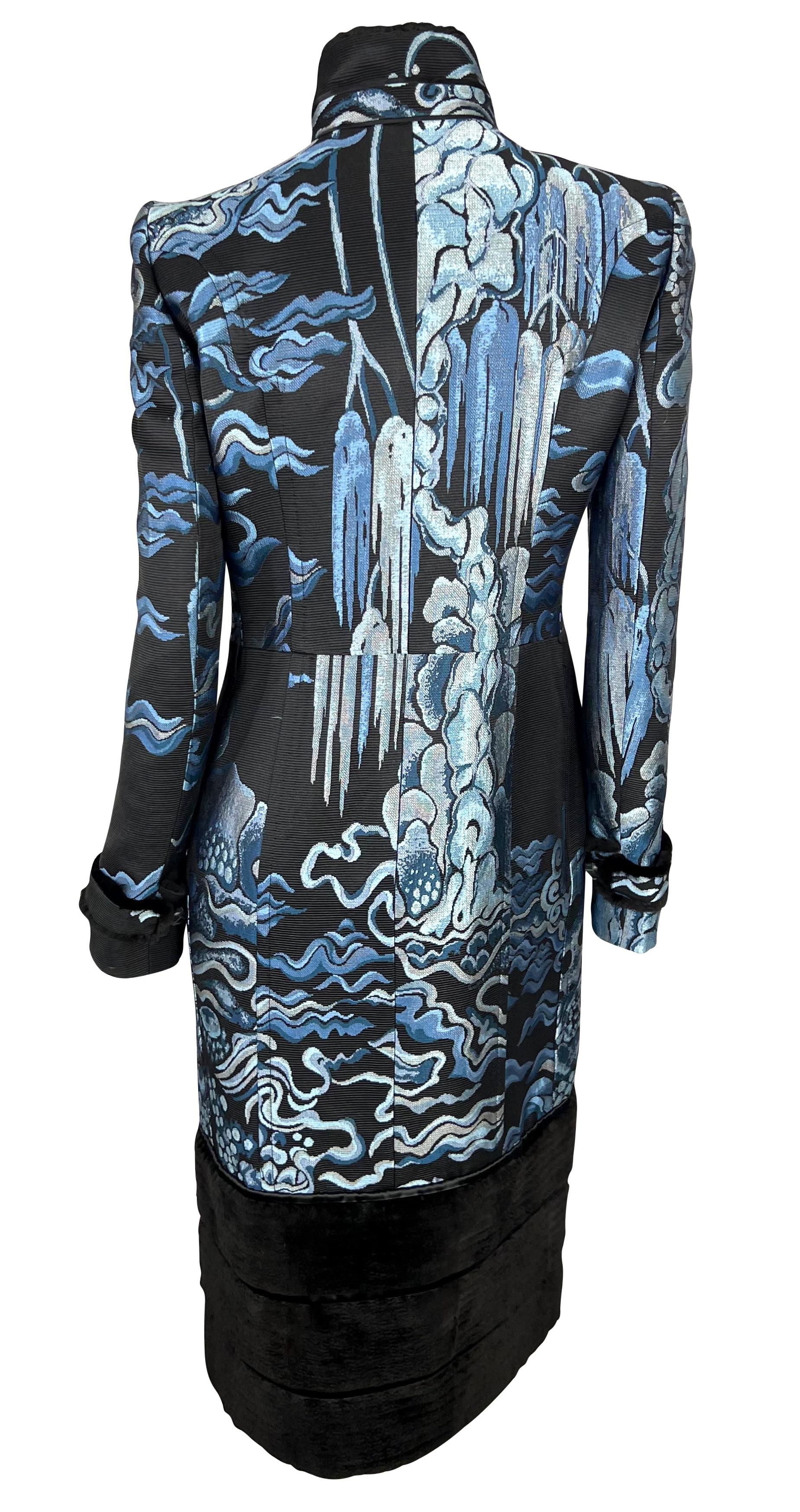 F/W 2004 Yves Saint Laurent by Tom Ford Blue Chinoiserie Weave Fur Trim Coat For Sale 1