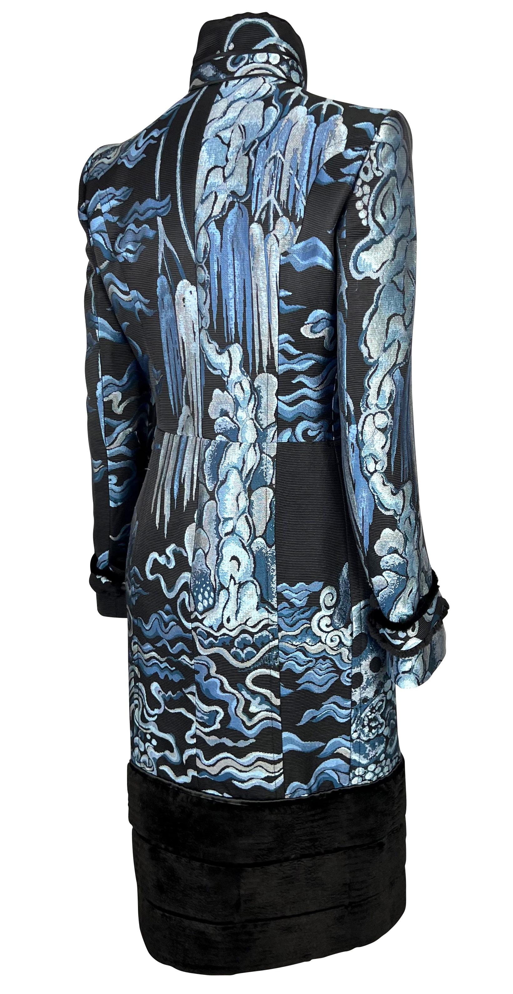F/W 2004 Yves Saint Laurent by Tom Ford Blue Chinoiserie Weave Fur Trim Coat For Sale 2