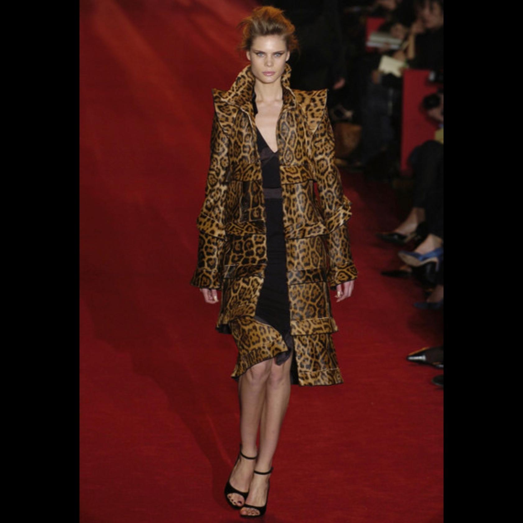 Presenting the most incredible leopard print pony hair Yves Saint Laurent Rive Gauche pagoda coat, designed by Tom Ford. From the Fall/Winter 2004 collection, this jacket debuted on the season's runway as part of look 19 modeled by Adina Fohlin.