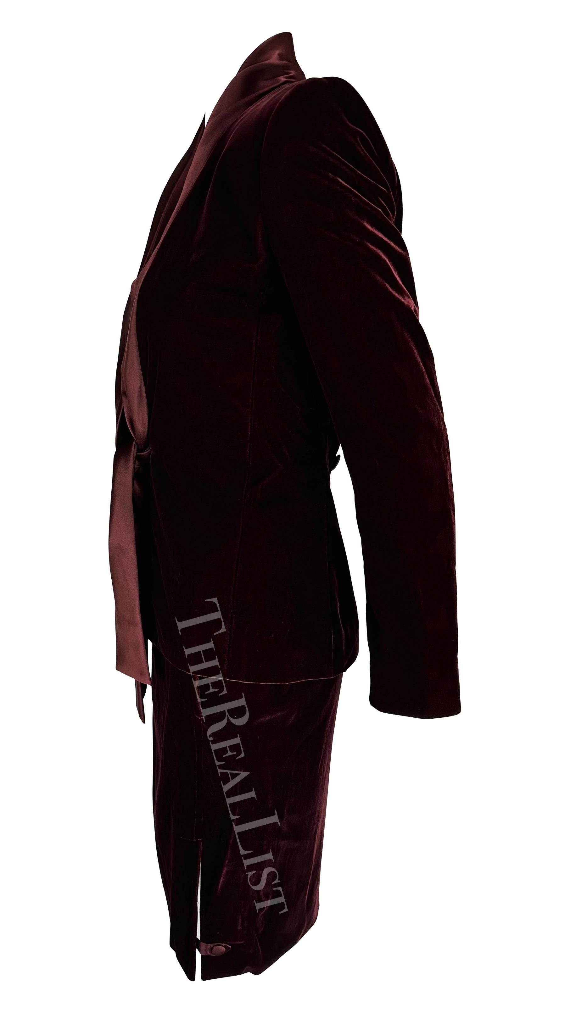 F/W 2004 Yves Saint Laurent by Tom Ford Deep Red Velvet Satin Sash Skirt Suit  In Good Condition For Sale In West Hollywood, CA