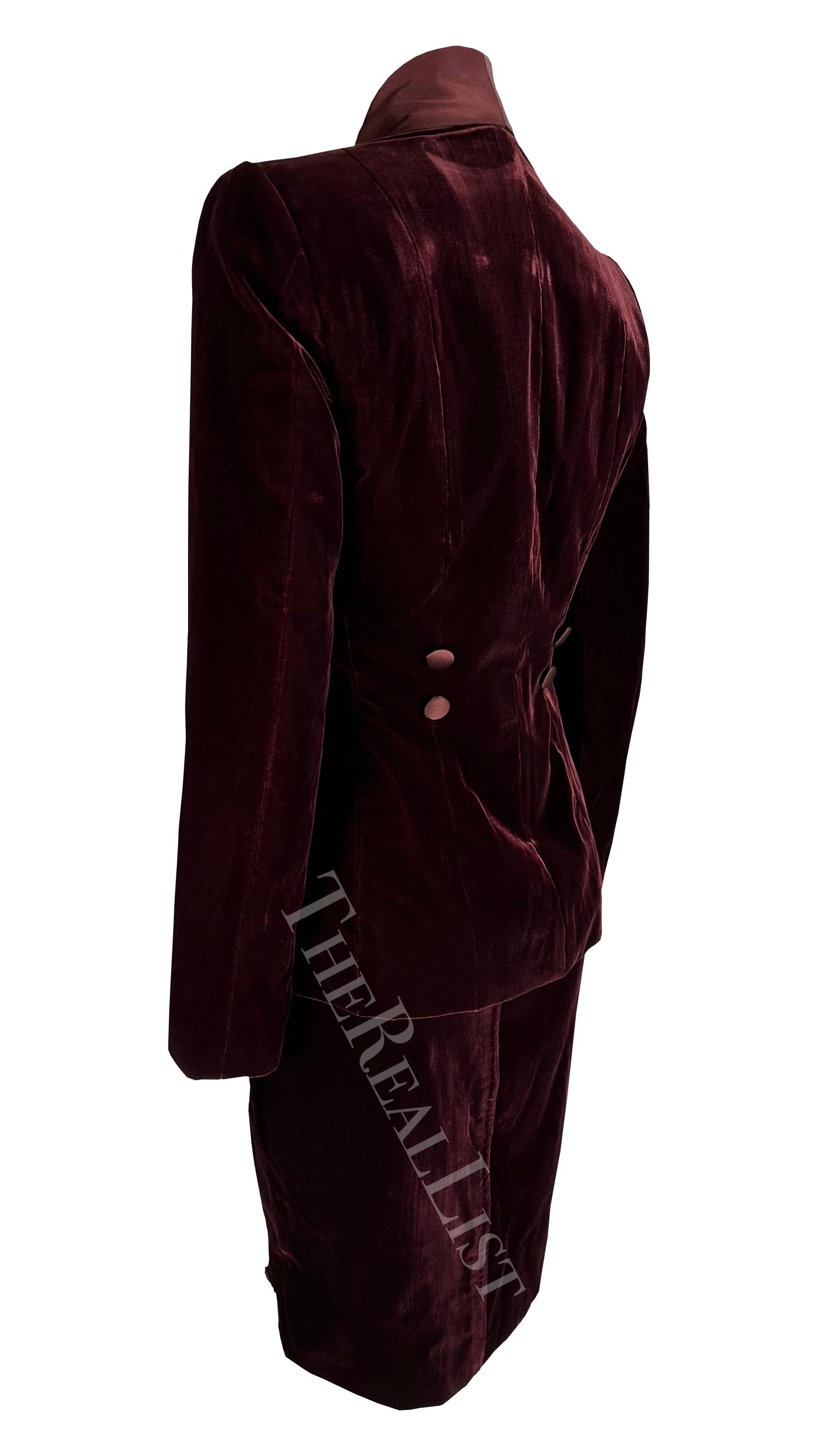 Women's F/W 2004 Yves Saint Laurent by Tom Ford Deep Red Velvet Satin Sash Skirt Suit  For Sale