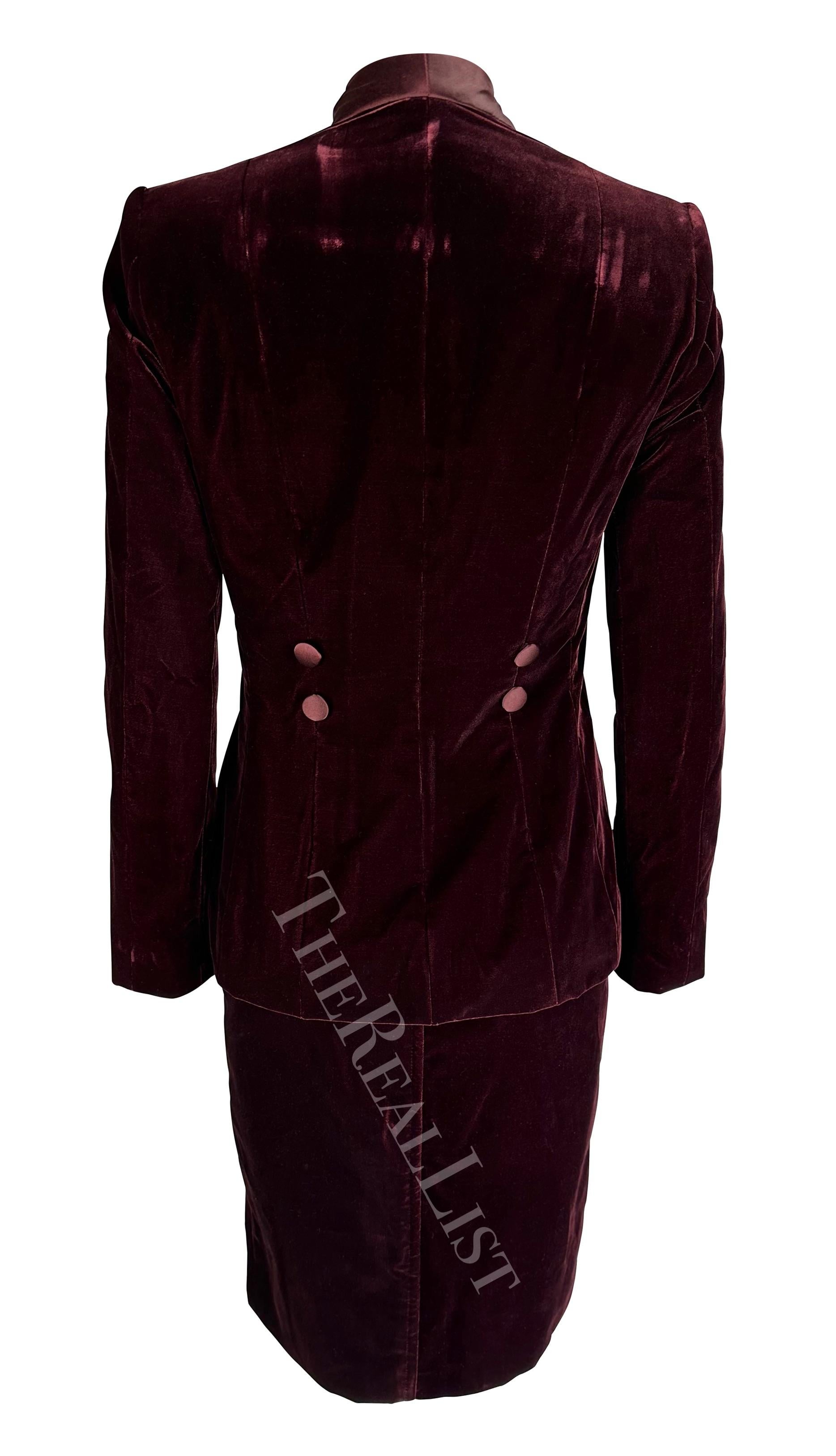 F/W 2004 Yves Saint Laurent by Tom Ford Deep Red Velvet Satin Sash Skirt Suit  For Sale 1