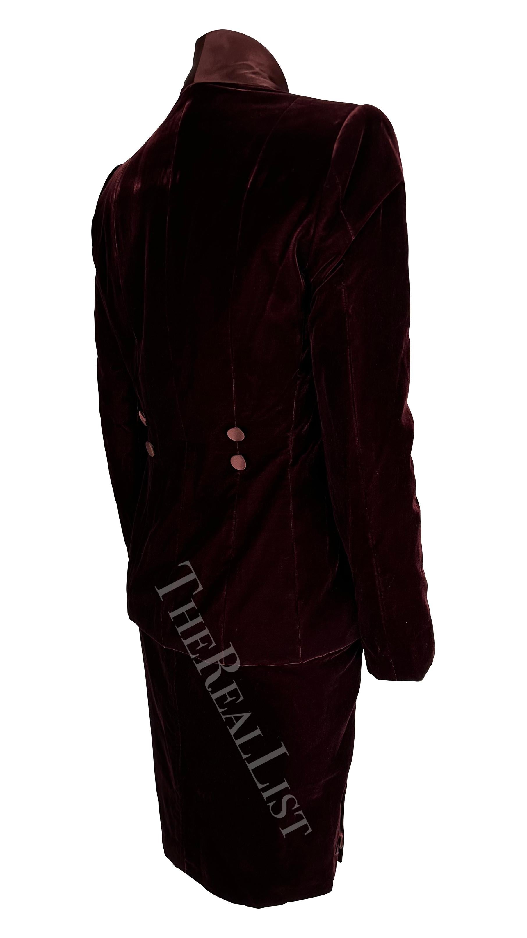 F/W 2004 Yves Saint Laurent by Tom Ford Deep Red Velvet Satin Sash Skirt Suit For Sale 1