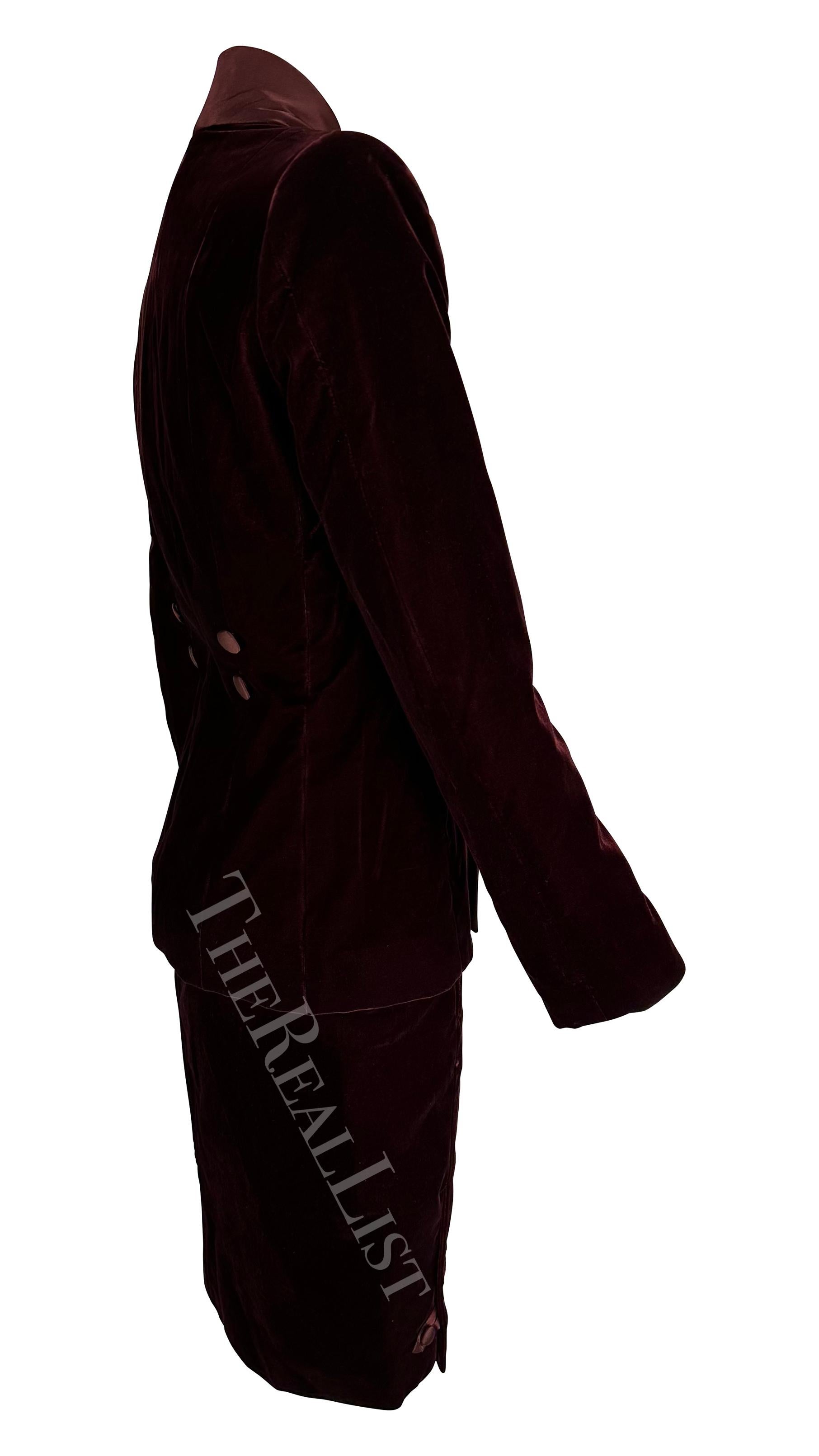 F/W 2004 Yves Saint Laurent by Tom Ford Deep Red Velvet Satin Sash Skirt Suit For Sale 2