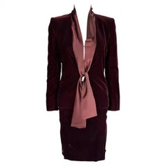 Used F/W 2004 Yves Saint Laurent by Tom Ford Deep Red Velvet Satin Sash Skirt Suit