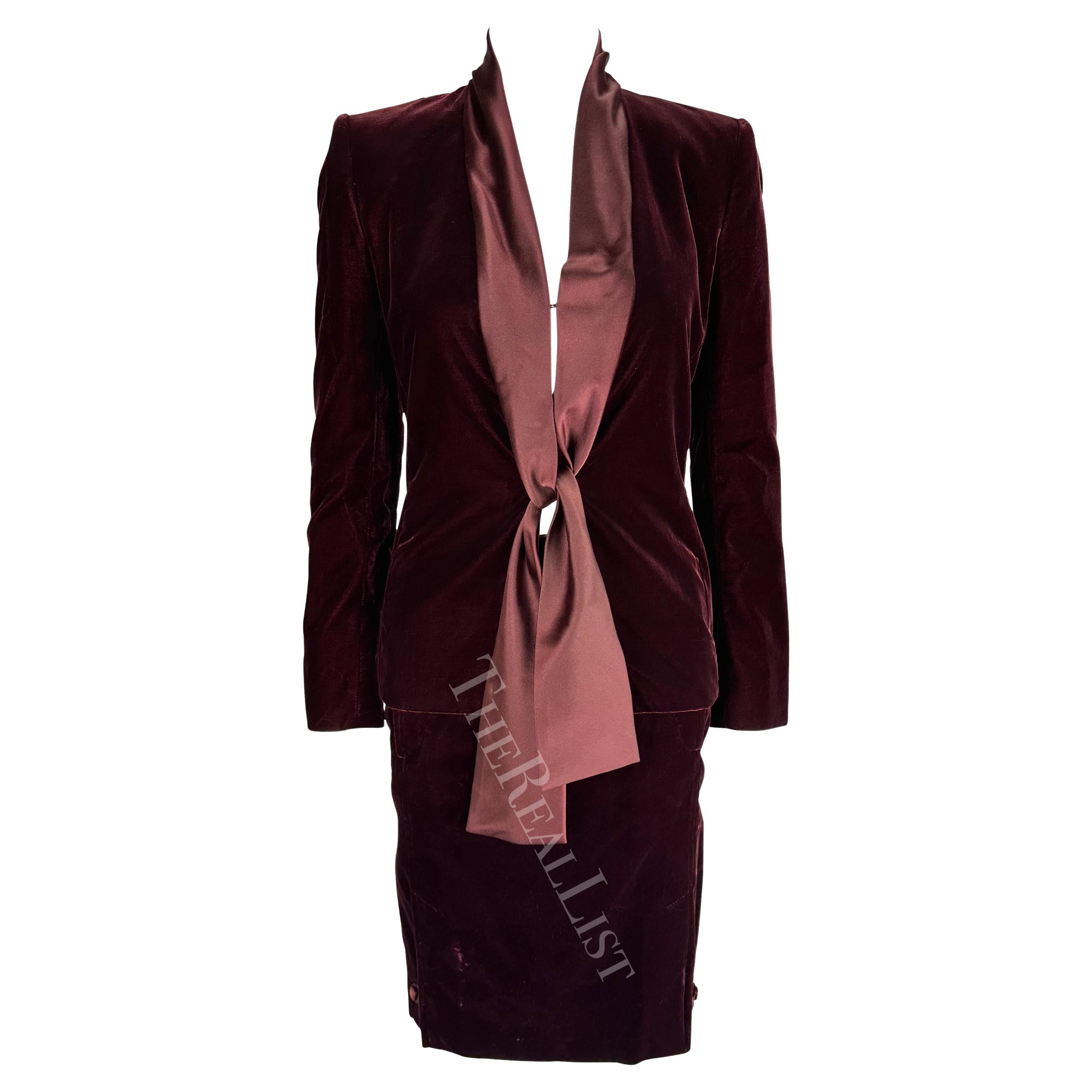 F/W 2004 Yves Saint Laurent by Tom Ford Deep Red Velvet Satin Sash Skirt Suit  For Sale