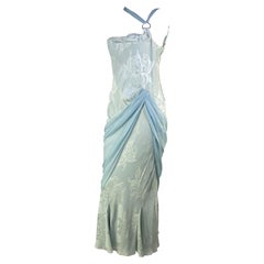 F/W 2005 Christian Dior by John Galliano Blue Floral Silk Chiffon Gown