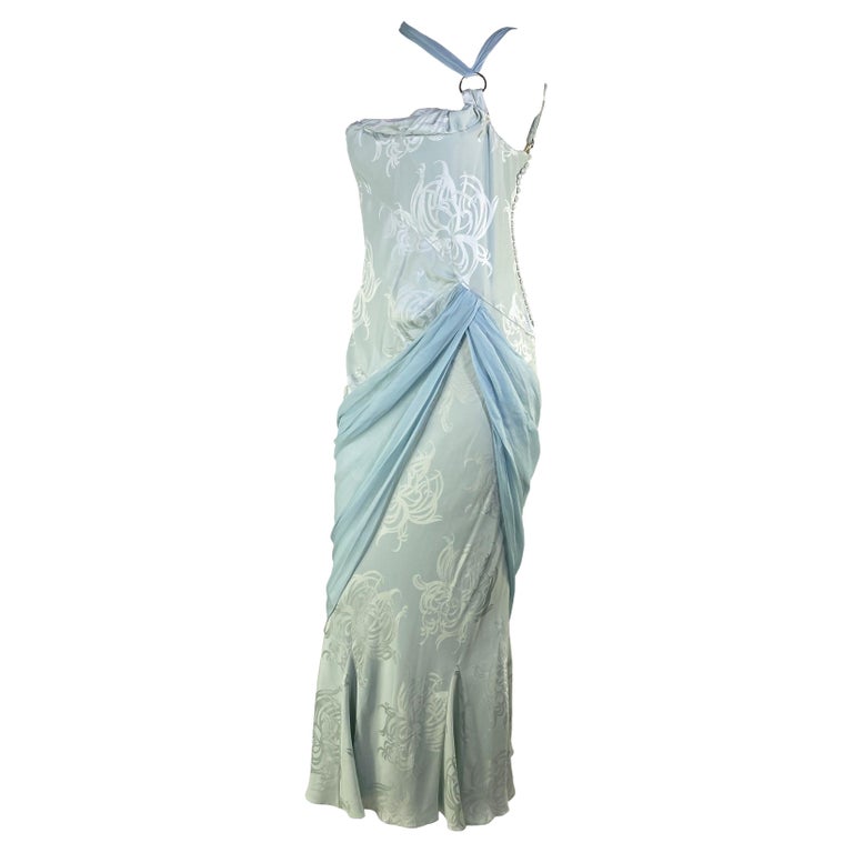 F/W 2005 Christian Dior by John Galliano Blue Floral Silk Chiffon Gown For Sale