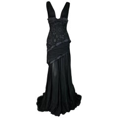 F/W 2005 Gucci Runway Black Plunging Beaded Embellished Silk Sheer Gown Dress