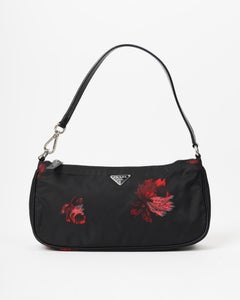 F/W 2005 Prada Black Tessuto Nylon Pochette Bag With Flower Print